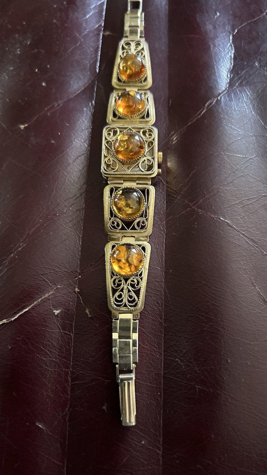 Vintage MCM Chika Baltic Amber Gold Plated 1950s USSR Hidden WATCH Bracelet