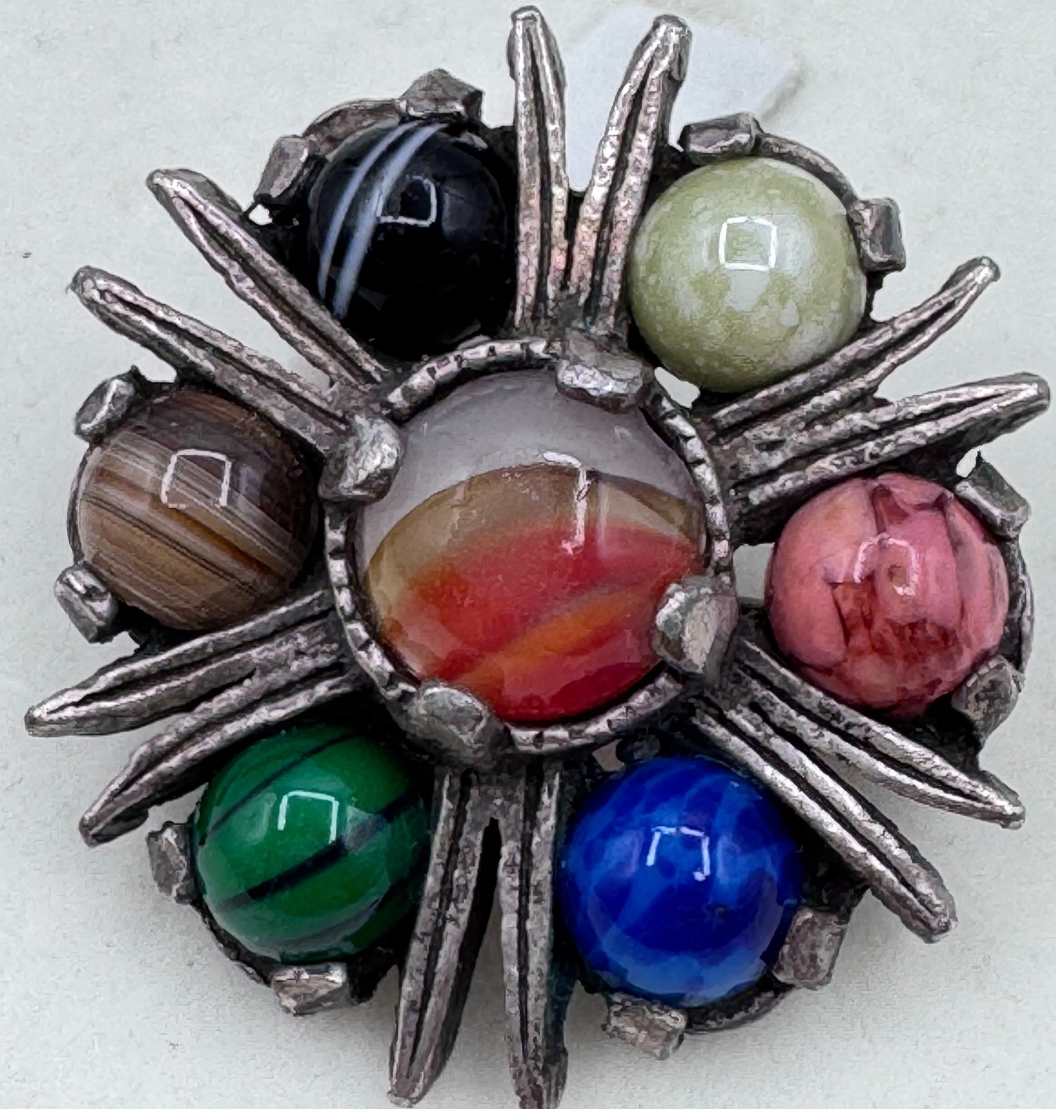 Vintage Miracle Scottish Celtic Pewter Agate Multi-Stone Starburst Brooch Pin