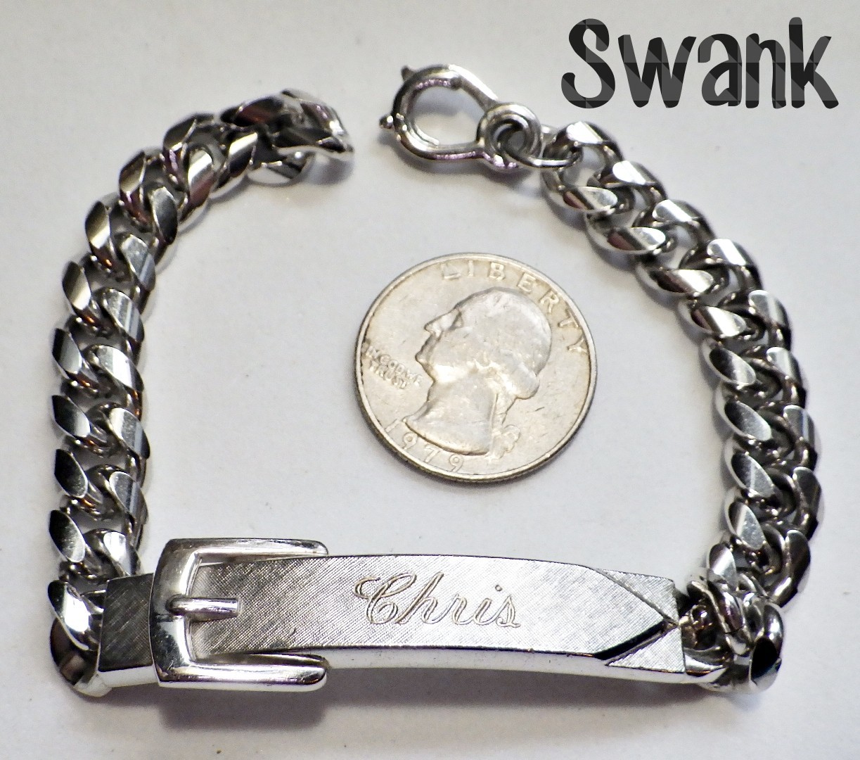 Vtg Signed SWANK Engraved CHRIS Cuban Link Buckle ID Bracelet Florentine SP 8.5″