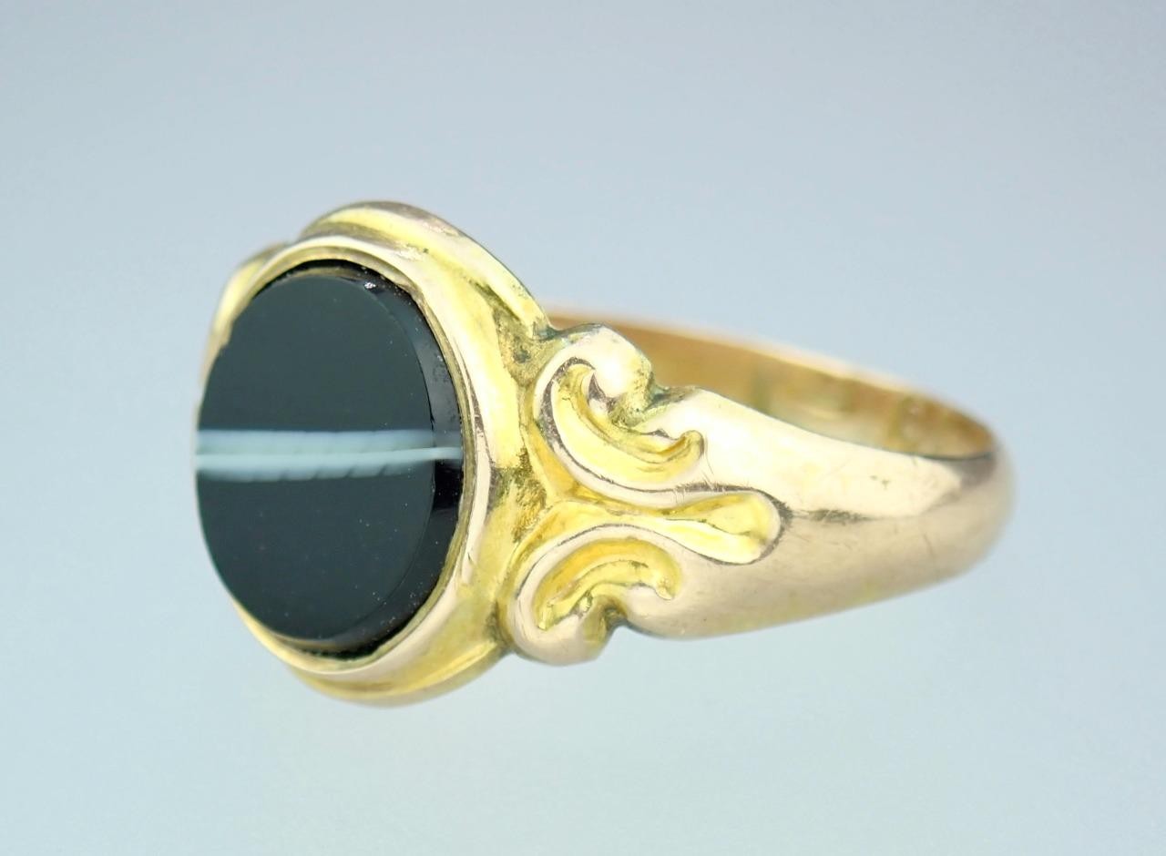 Fine Antique Edwardian Solid 9K Rose Gold Banded Agate Signet Pinky Ring 1904 8