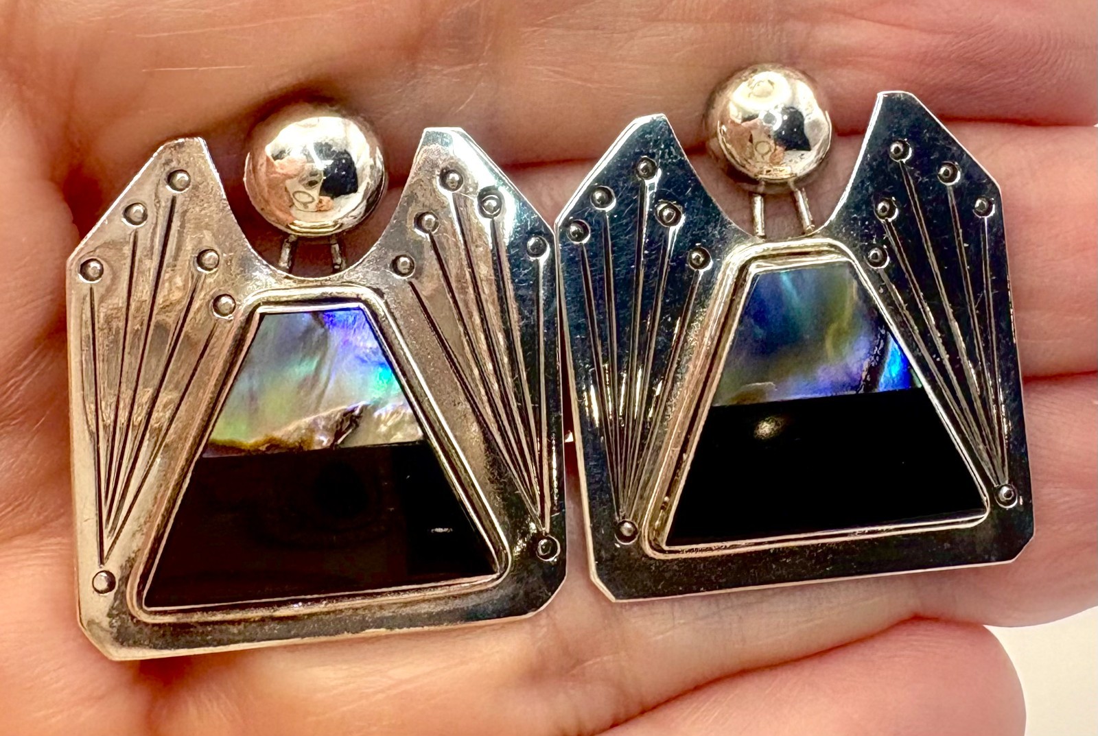 Sterling Silver 925 Black Onyx Abalone MOP Shell Angel Figure Vintage Earrings