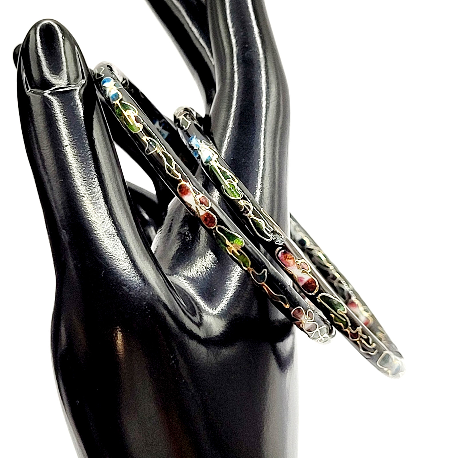 2 Cloisonné Asian Inspired Black Dark Shiny Floral Hand Painted Bangle Bracelet