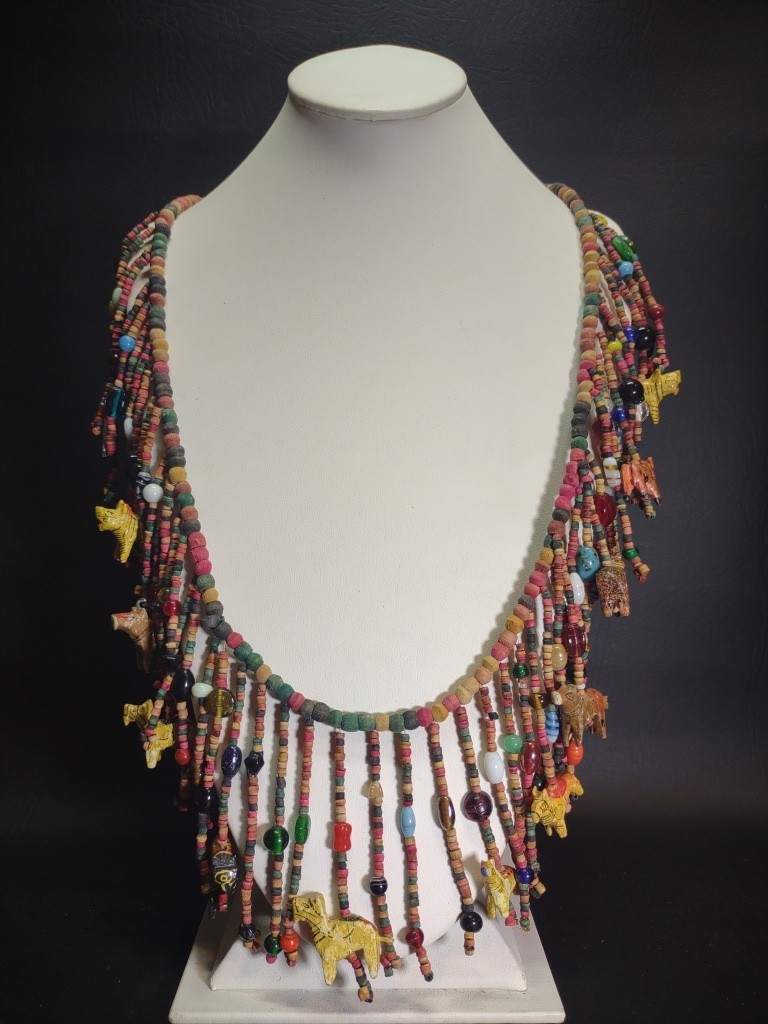 Vgt Africa Multi-Strand Drops Hand Carved Wood Animal Glass Beads Necklace Boho