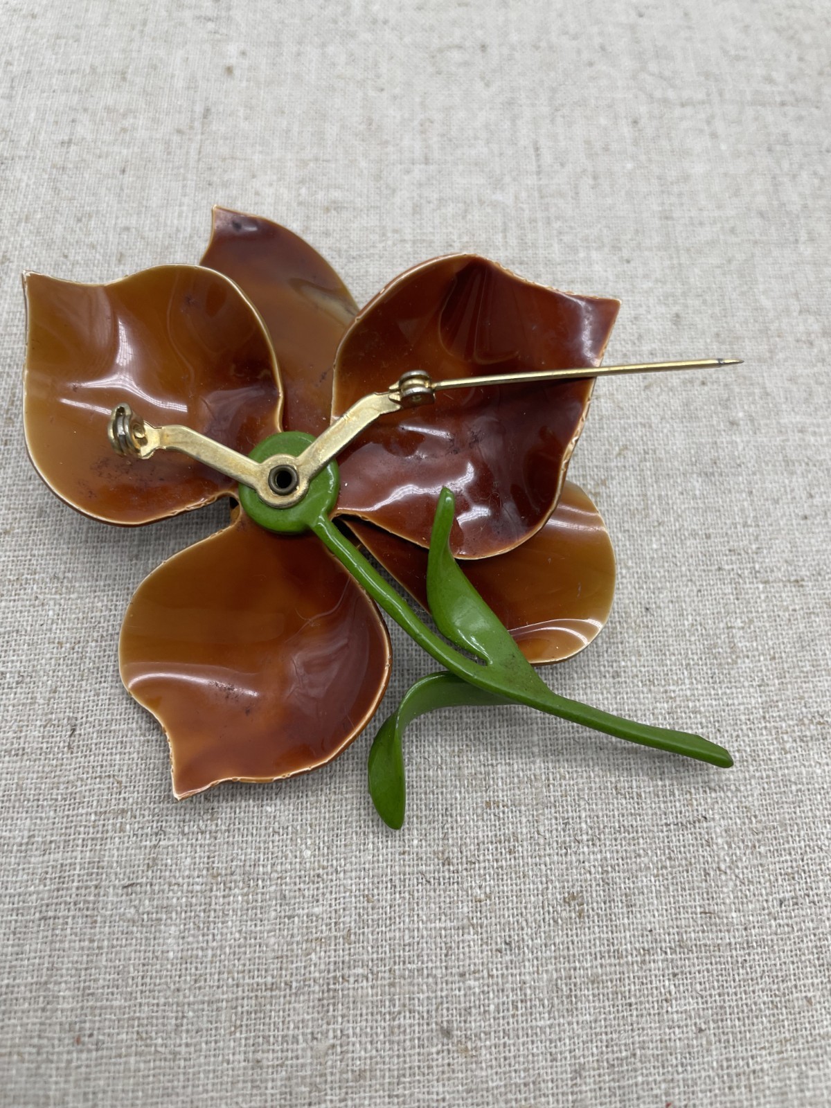 Vintage Enamel Flower Brooch Large Dimensional Fall Colors Caramel Brown