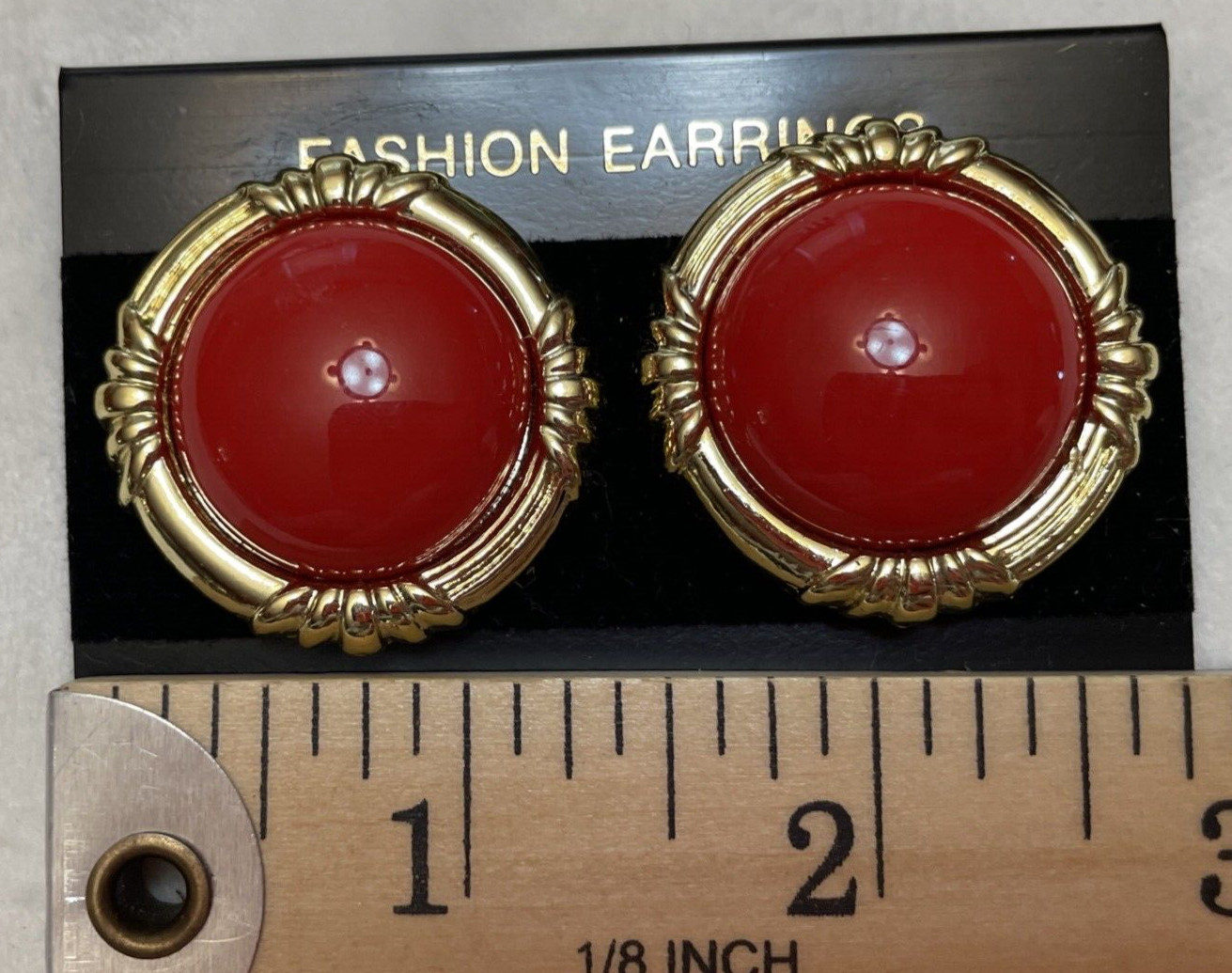 Vintage Earrings Clip On Red Button Gold Rope Accent Lucite Chunky 80s Round