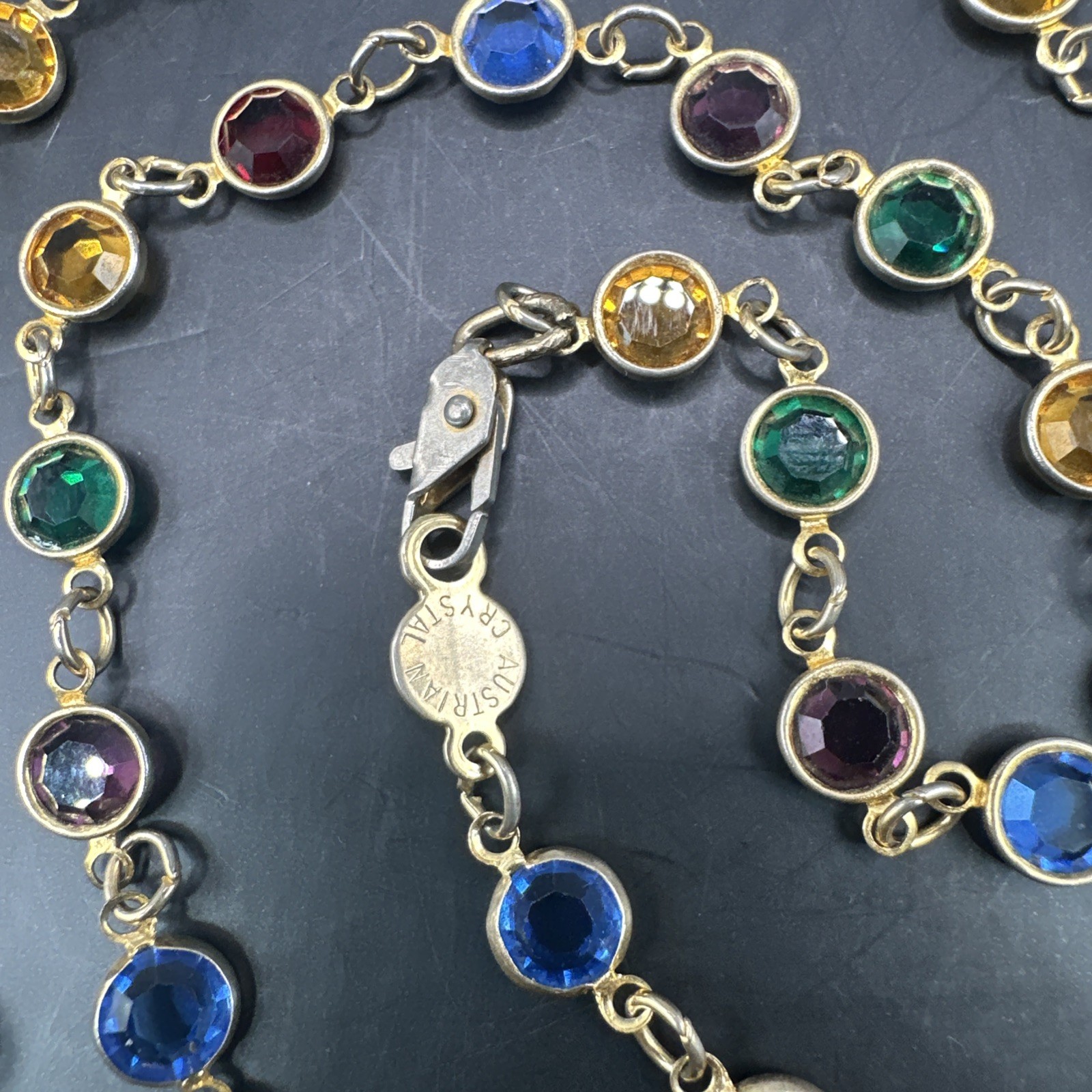 Vintage Austrian Crystal USA Multi-Color Crystal Necklace Bezel Set Jewelry 19″