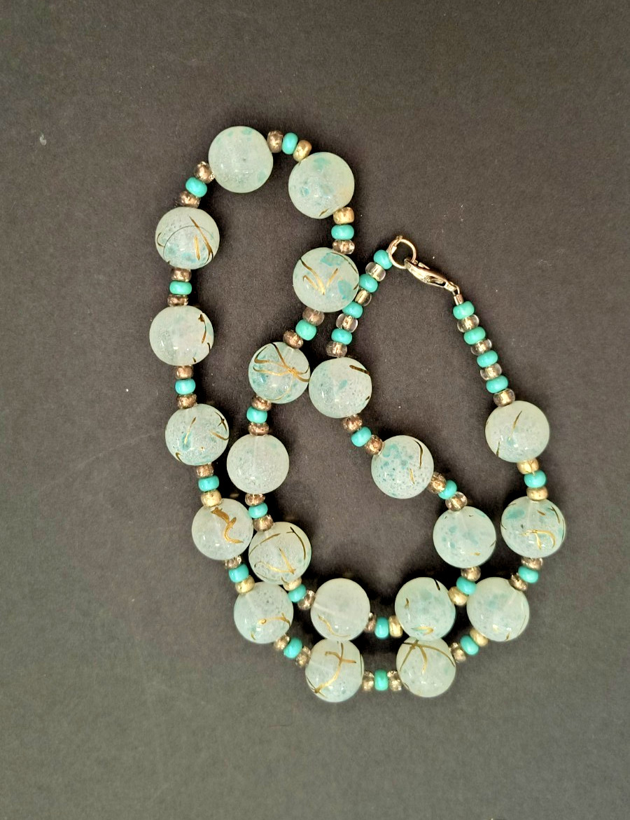 VTG Turquoise & Hand painted Glass Beads / 18″ Necklace, 1900s Venetian Murano