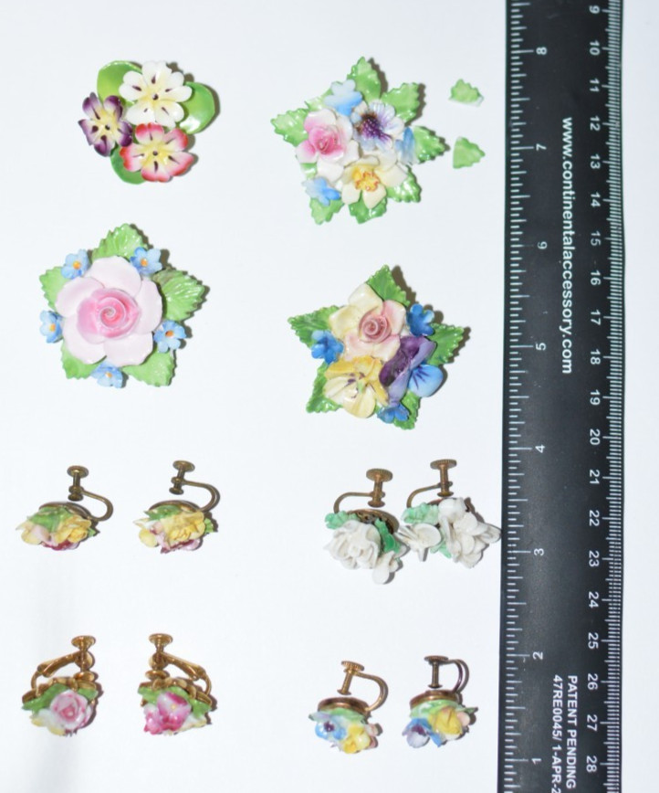 Vintage lot Denton and Staffordshire England Bone China brooches/earrings, as is