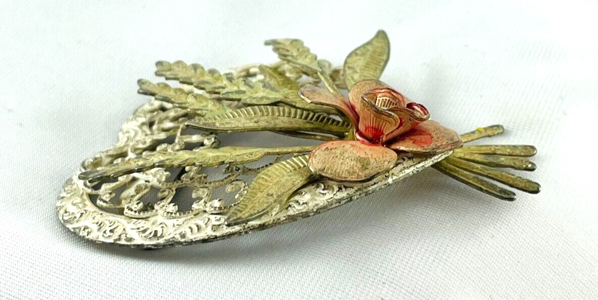 Vintage White Wash Enamel Heart Floral Spray Wheat Brooch Pin Stamped Layered