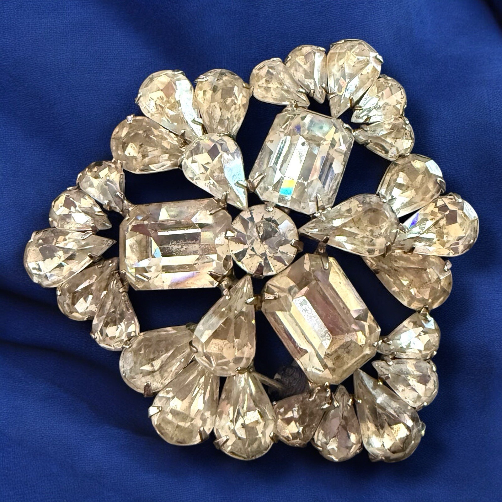 Extra Large Rhinestone Brooch Pin Mid Century Floral Spray Clear Rhodium Plated