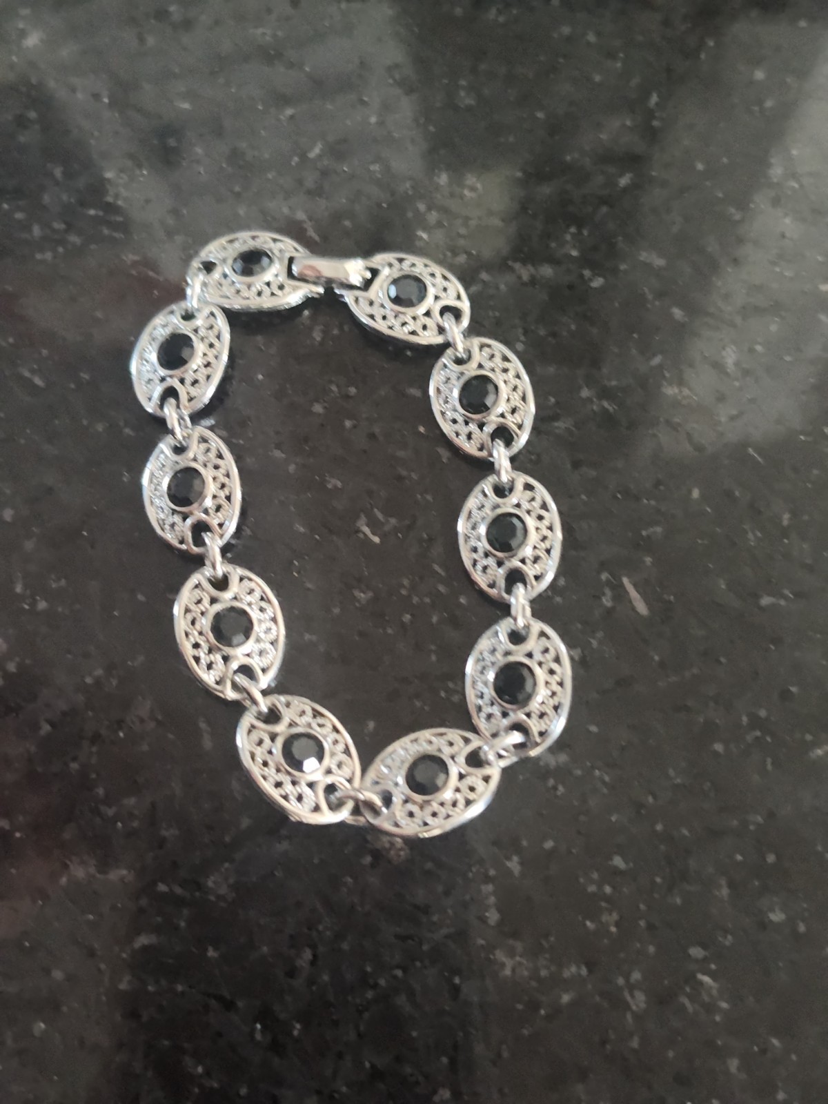 Vintage EMMONS Silver Tone Bracelet with Black Faceted Crystals 7 inches