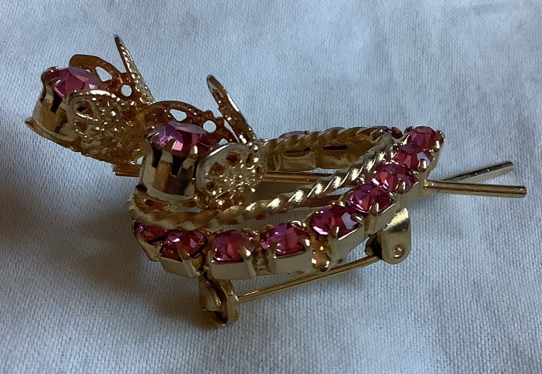 Vintage Goldtone & Pink Rhinestone Flowers Pin Brooch Approximately 1″ x 2″