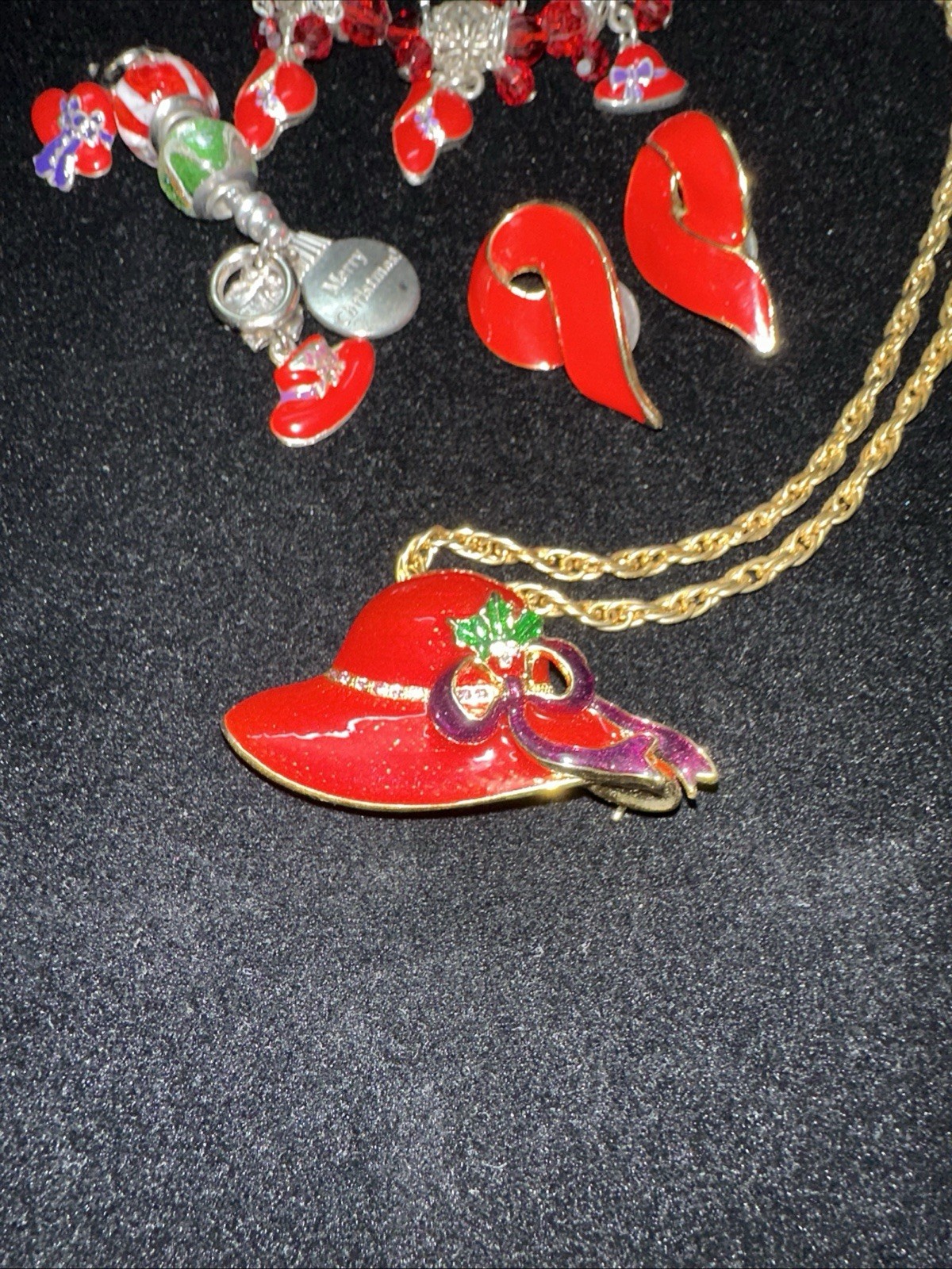 Red Hat Society Red Enamel Brooch Pendant Necklace Earrings Bracelet Hat Charms