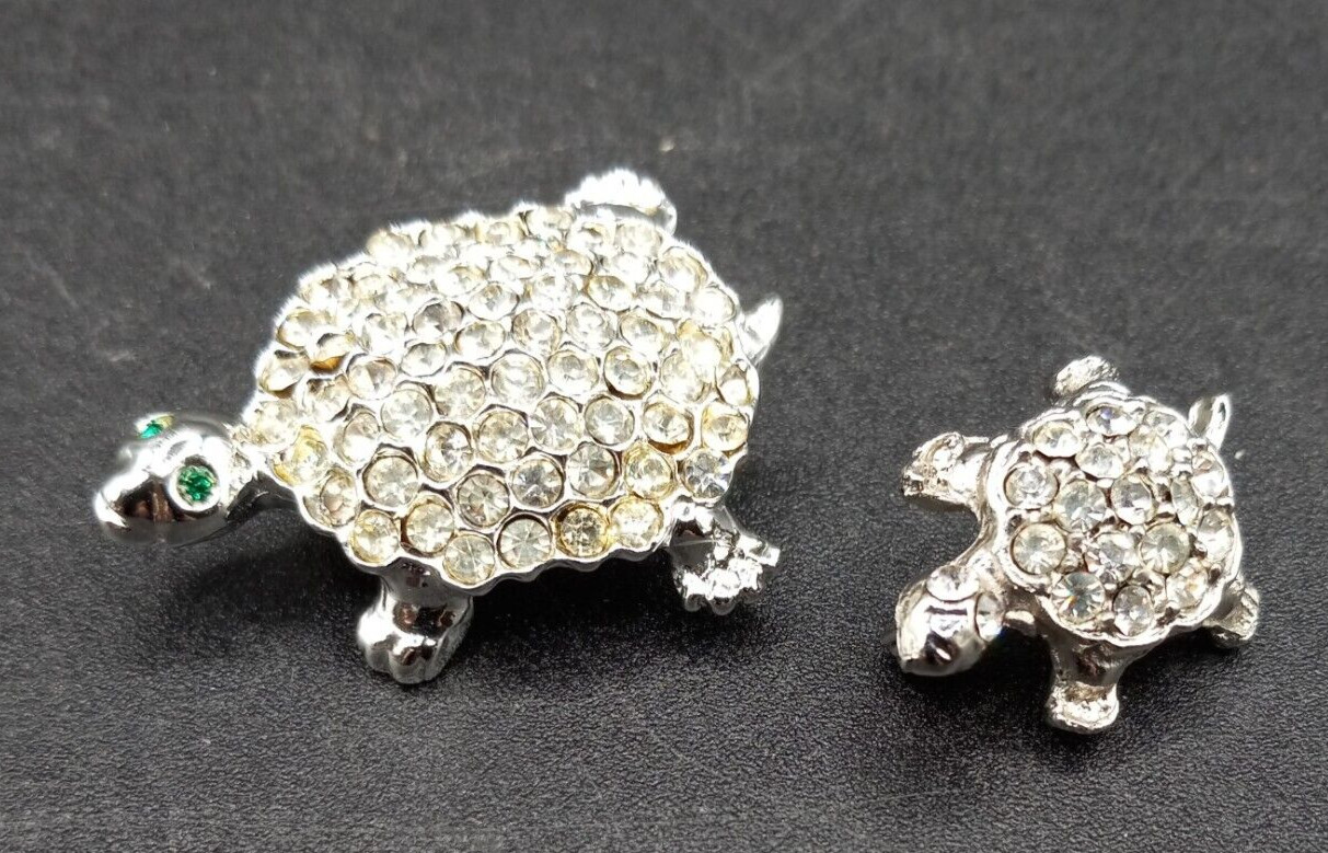 Set of 2 Vintage Silvertone Turtles with Clear Rhinestones
