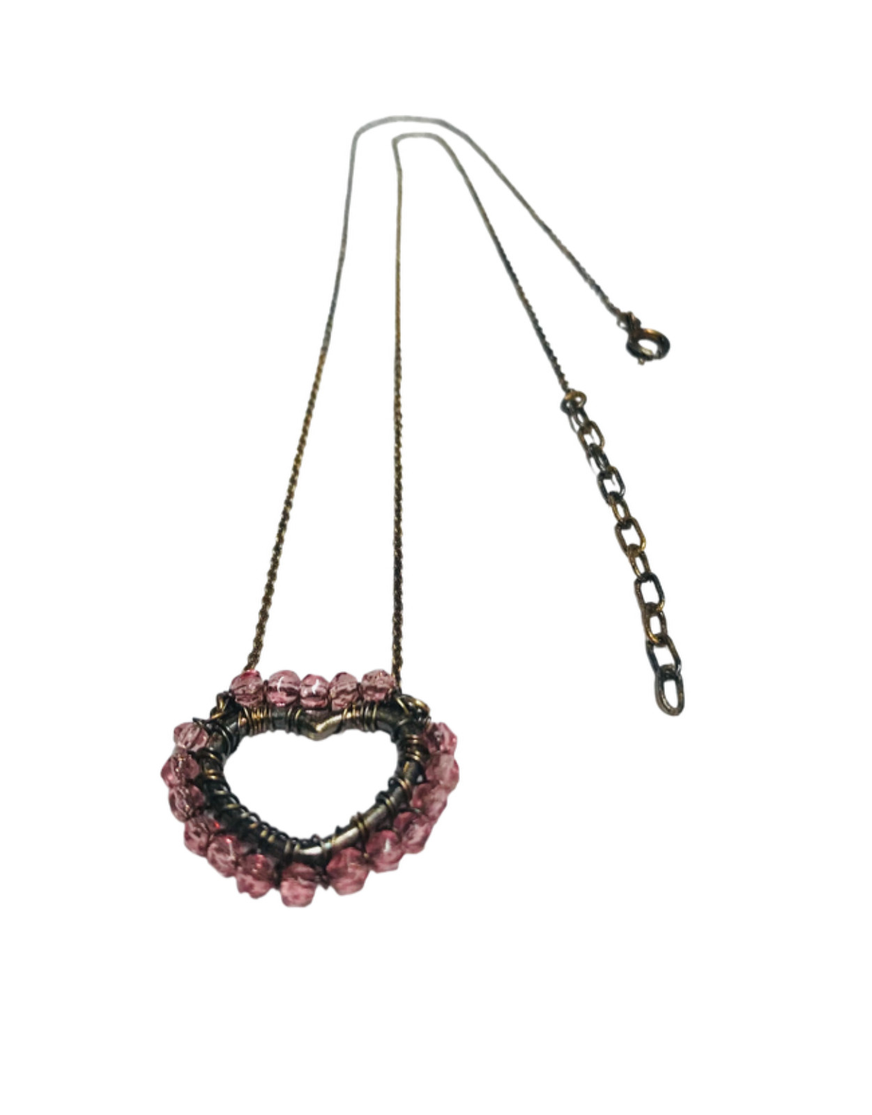Vintage Antique Gold Tone Wire Wrapped Pink Beads Heart Pendant Necklace 19.5”