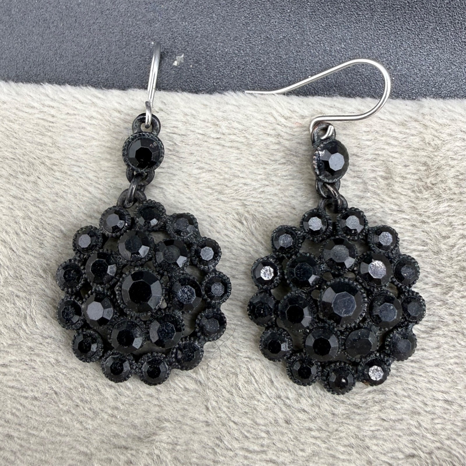 Vintage Pierced Earrings Black Enamel Rhinestone