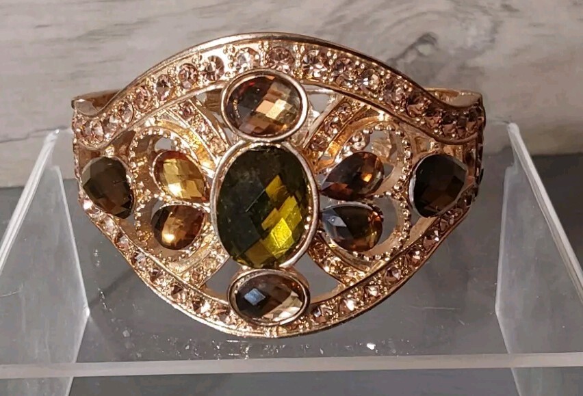Chunky Gold Toned Fuax Gemstones Bracelet Hinged Opening