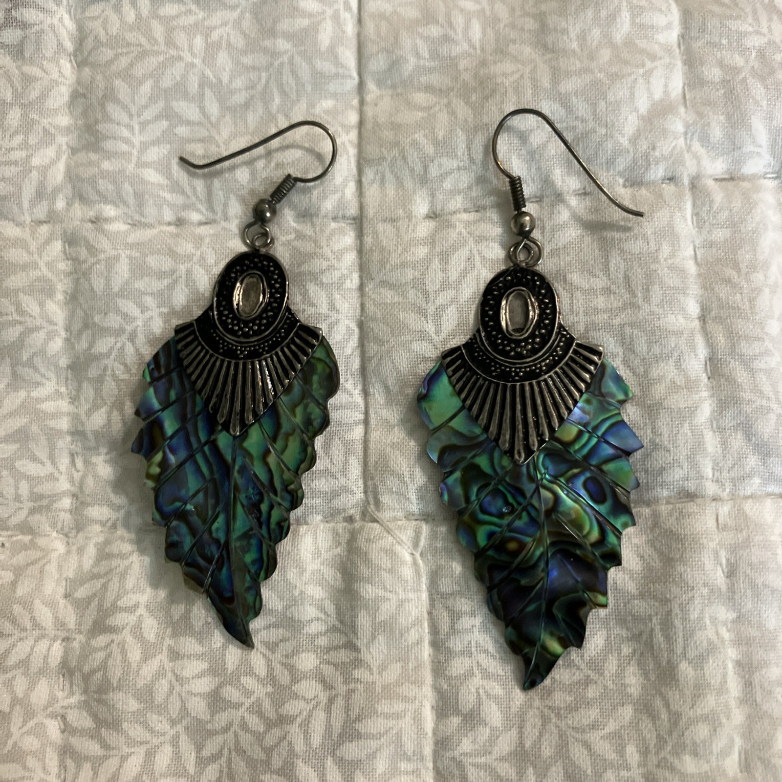 Vintage 1980s-1990s, Abalone Feather Earrings, Silver