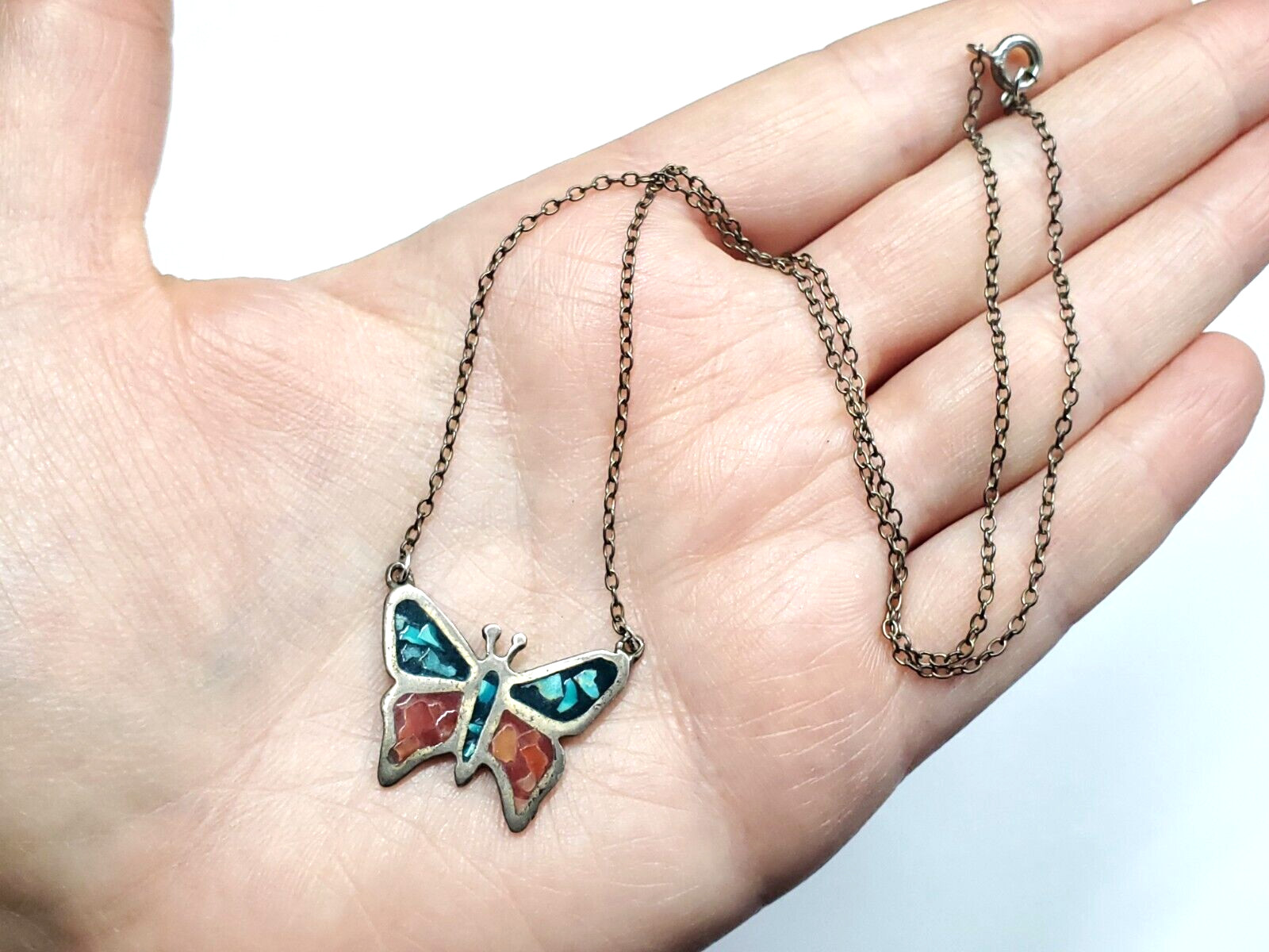 Vintage Butterfly Silver Turquoise Coral Chip Inlay Enamel Pendant Necklace