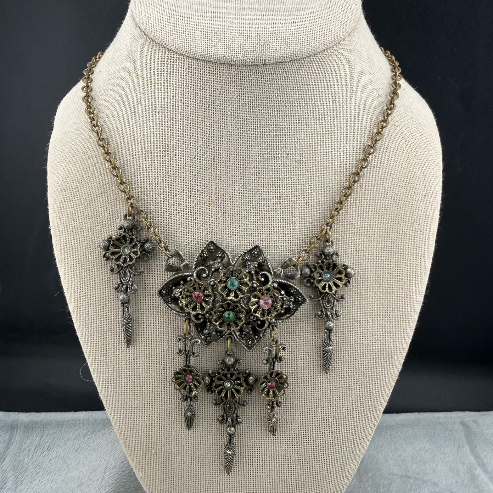 Vintage Necklace Festoon Silver Tone Statement Pastel Rhinestone 16”