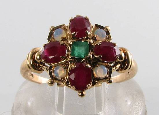 9CT 9K GOLD EMERALD RUBY OPAL CLUSTER ART DECO INS RING FREE RESIZE