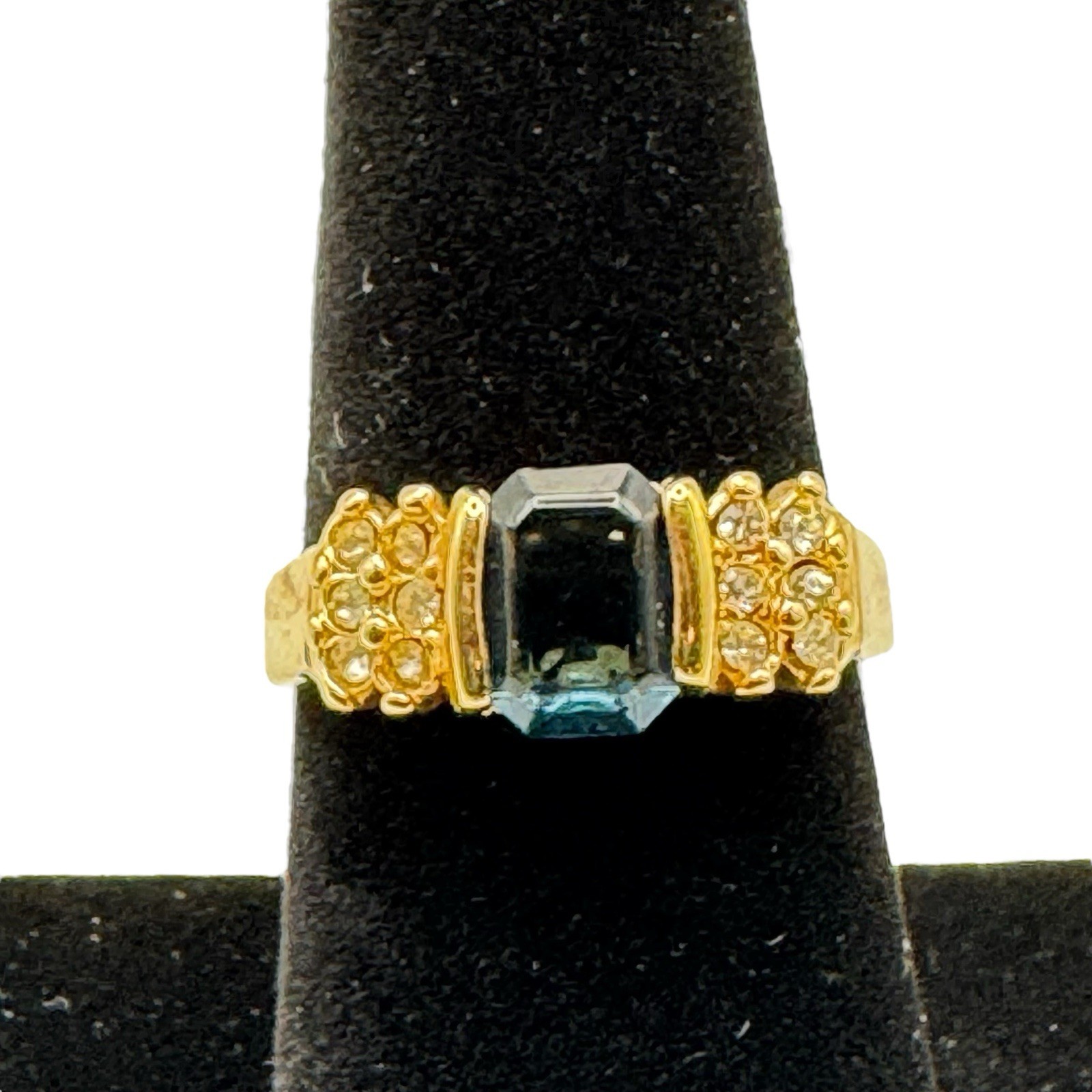 18k GE Ring Gold Electroplate Blue Rectangle w/ small white stones Size 8