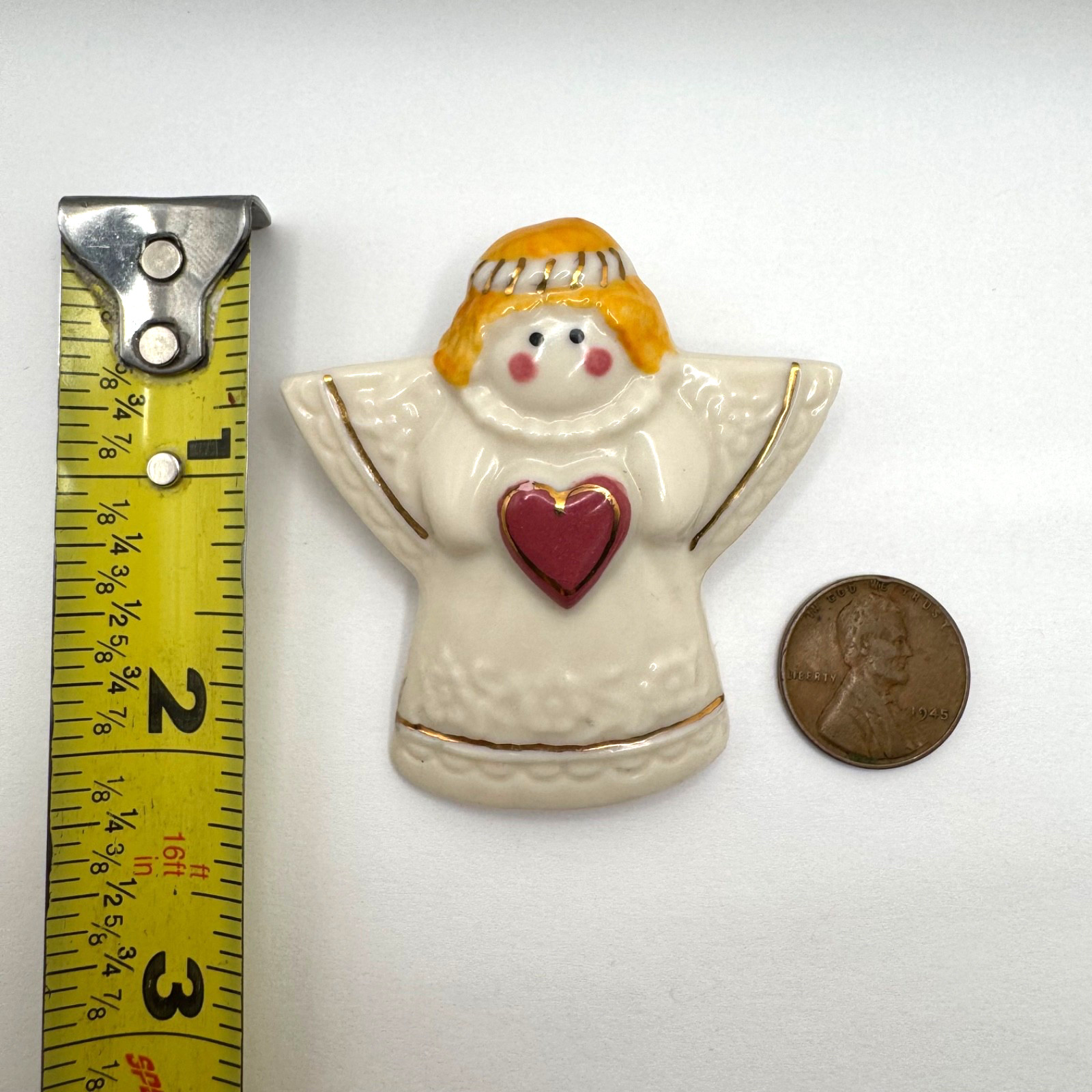 1996 Hearts & Flowers Red Hair Angel Brooch Pin Ceramic Red Heart Gold Accent