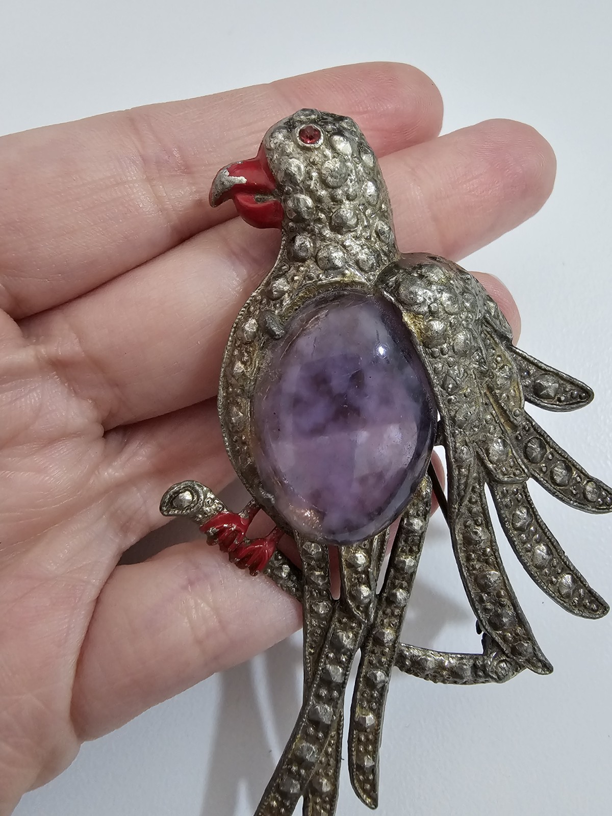 Vintage Pot Metal Jelly Belly Purple Lucite Parrot Brooch Silvertone Rhinestone