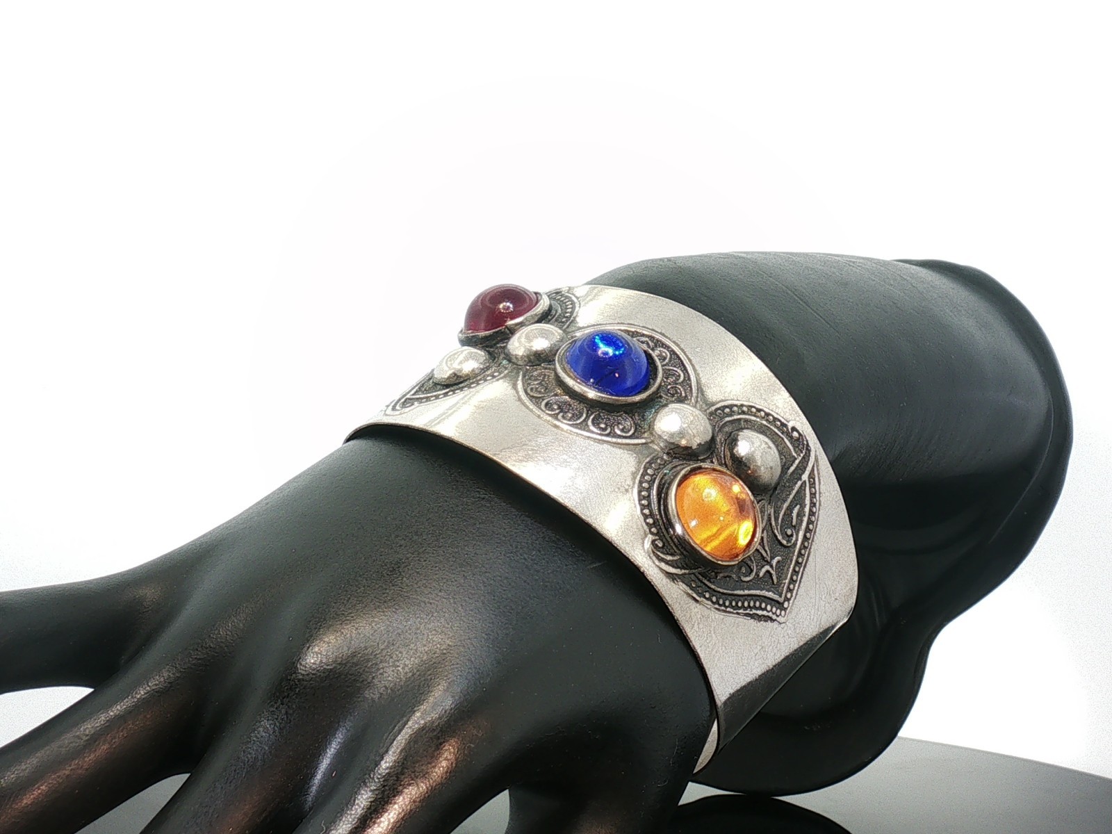Vintage Boho Silver Tone Cuff Bracelet – Colorful Cabochon Stones