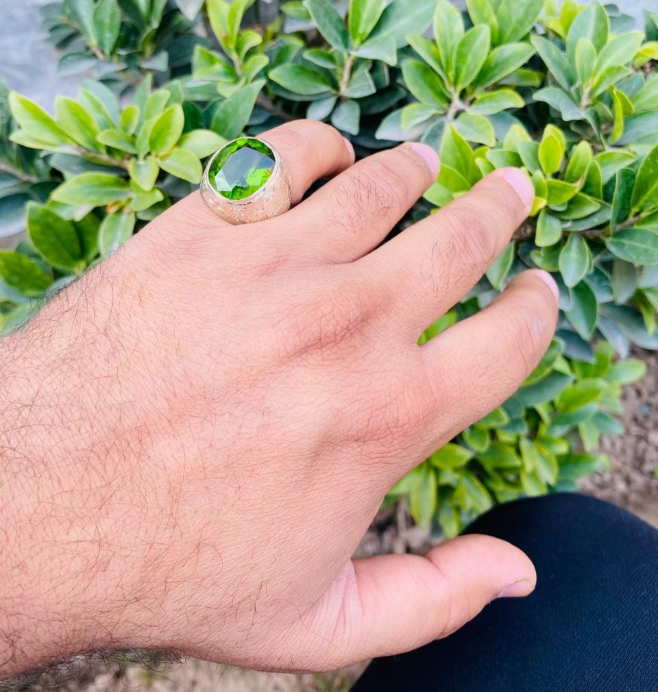 Very Big Peridot Stone Ring Big Vivid Green Peridot For Men Engraved Ring Silver