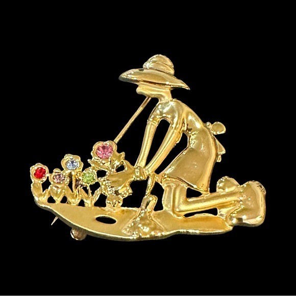 Vintage Brooch Gardening Silouette Gold Tone Rhinestones Costume Jewelry