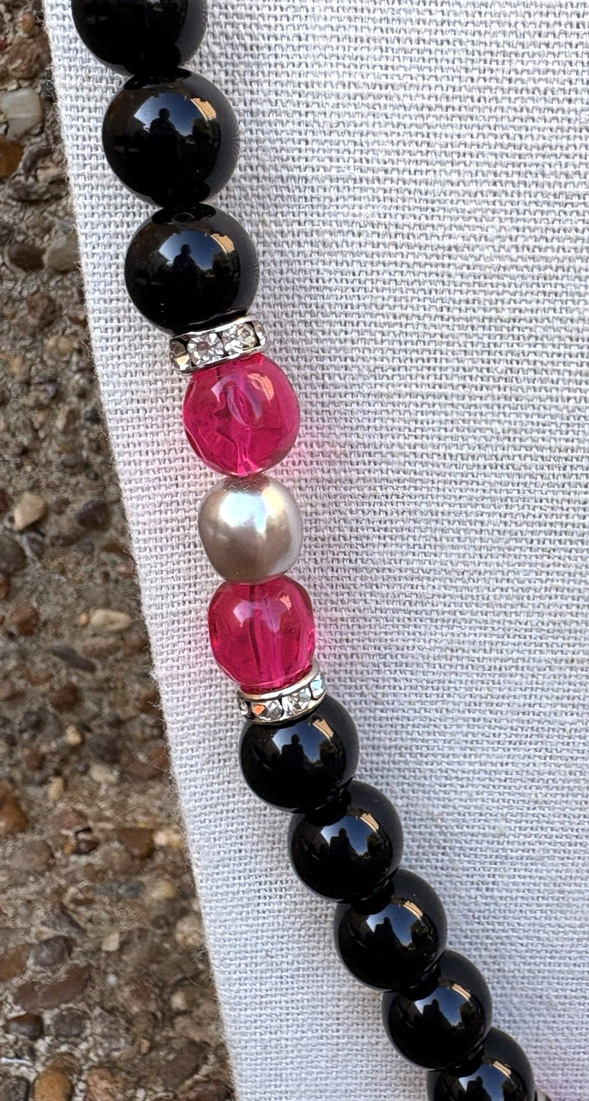 Vintage Joan Rivers Acrylic Necklace Black Fuchsia Pink Crystal Silver Tone 33″