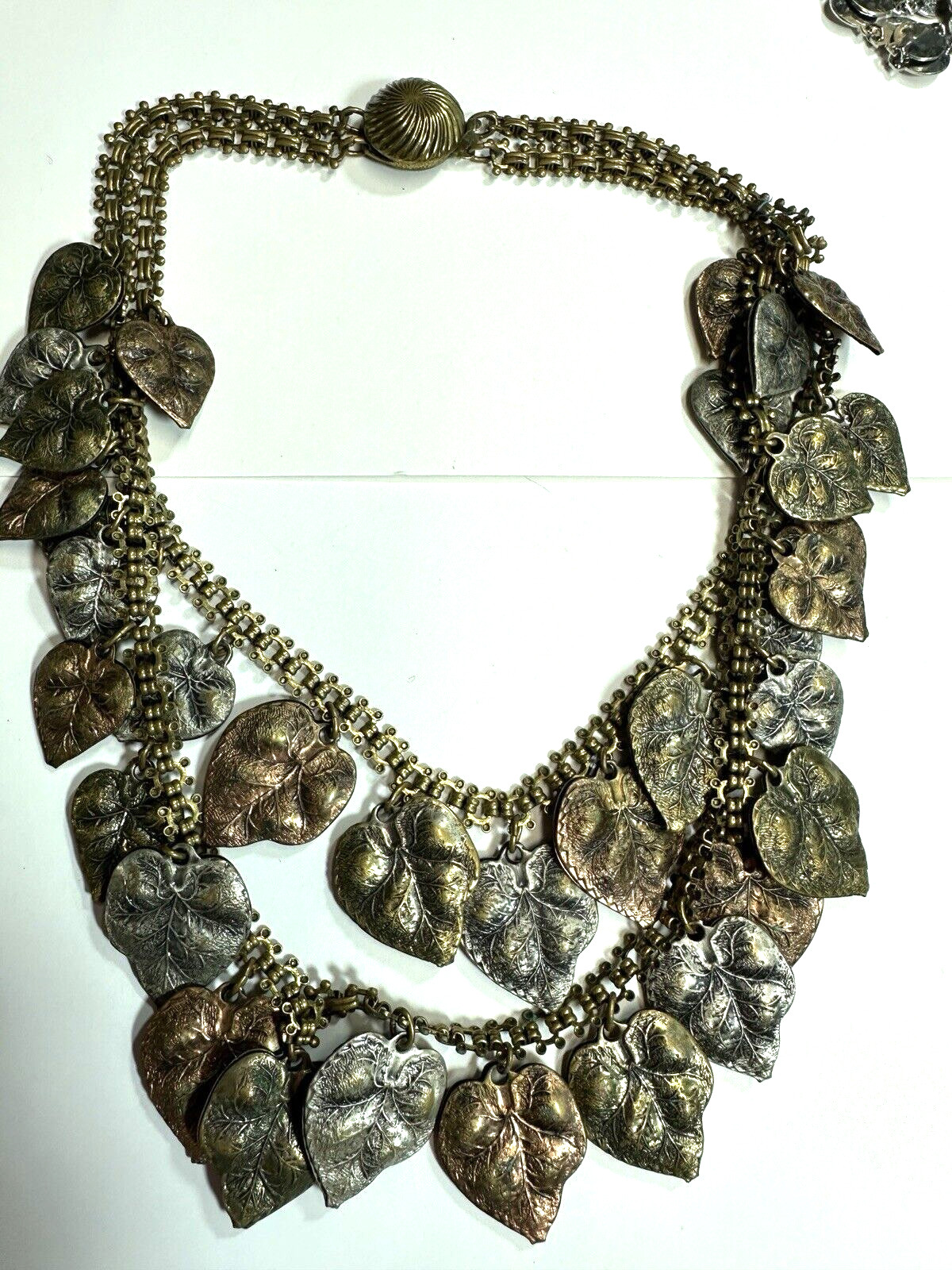 Vintage Necklace Realstic Leaf Pendant Fringe Book Chain Box Clasp