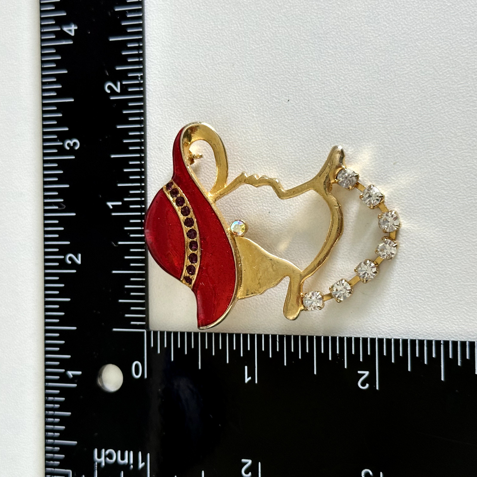 Vintage Gold Tone Lady Red Enamel Hat Bonnet Clear Purple Rhinestone Brooch Pin