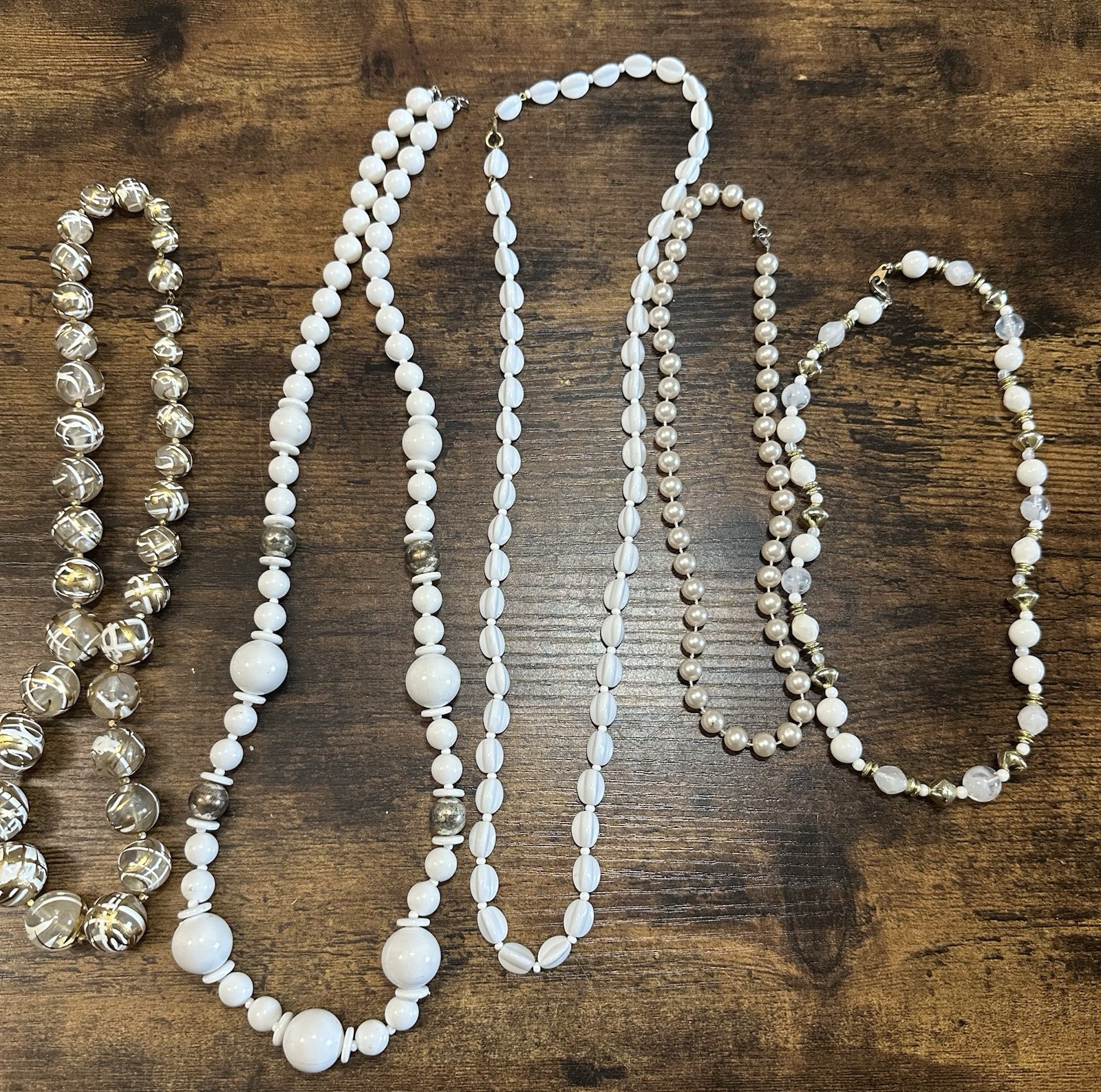 Vintage White Beaded Necklace Lot Faux Pearl Milk Glass Style 5 Pc
