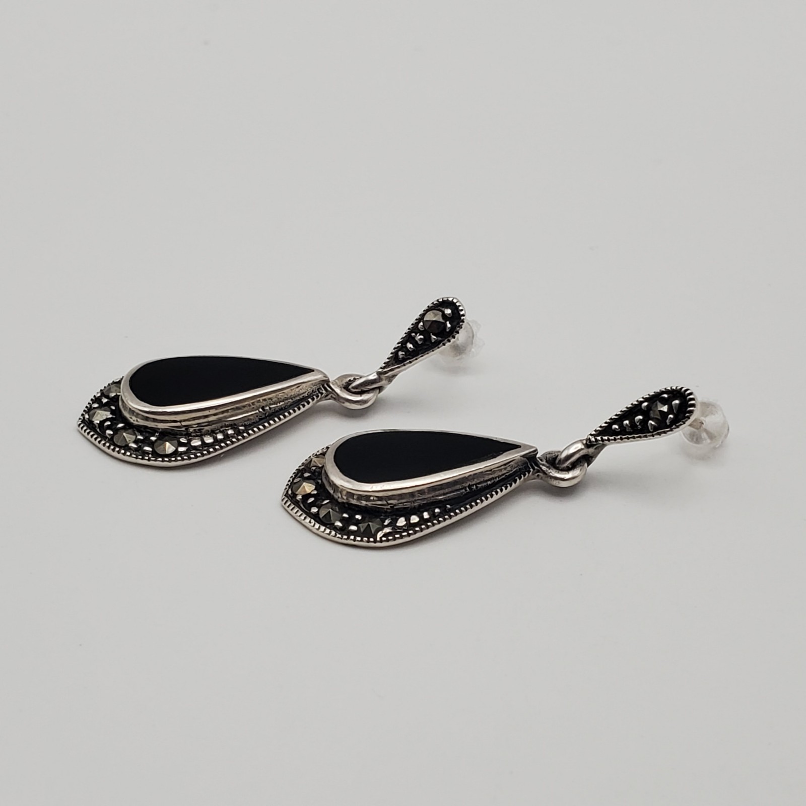 Vintage Dee Berkley Jewelry DBJ Black Onyx Sterling Marcasite Drop Earrings