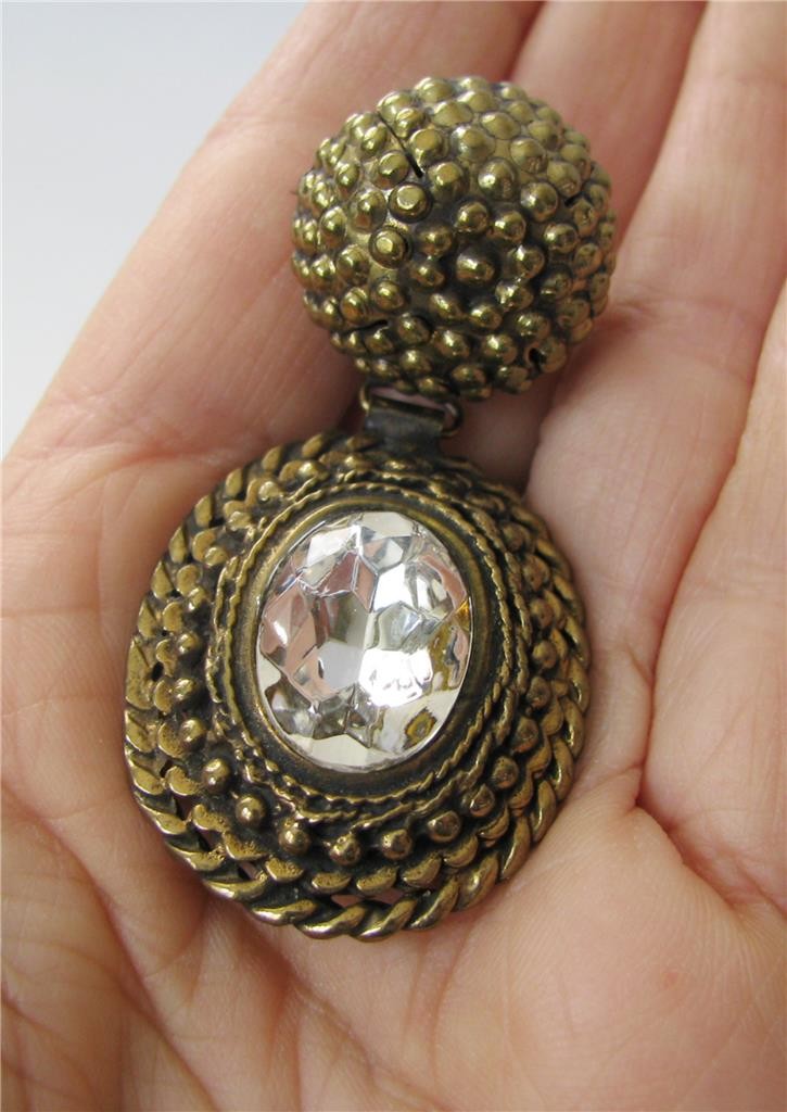 Vintage Italy Textured Doorknocker Brooch Pin Large Rhinestone Gold tone