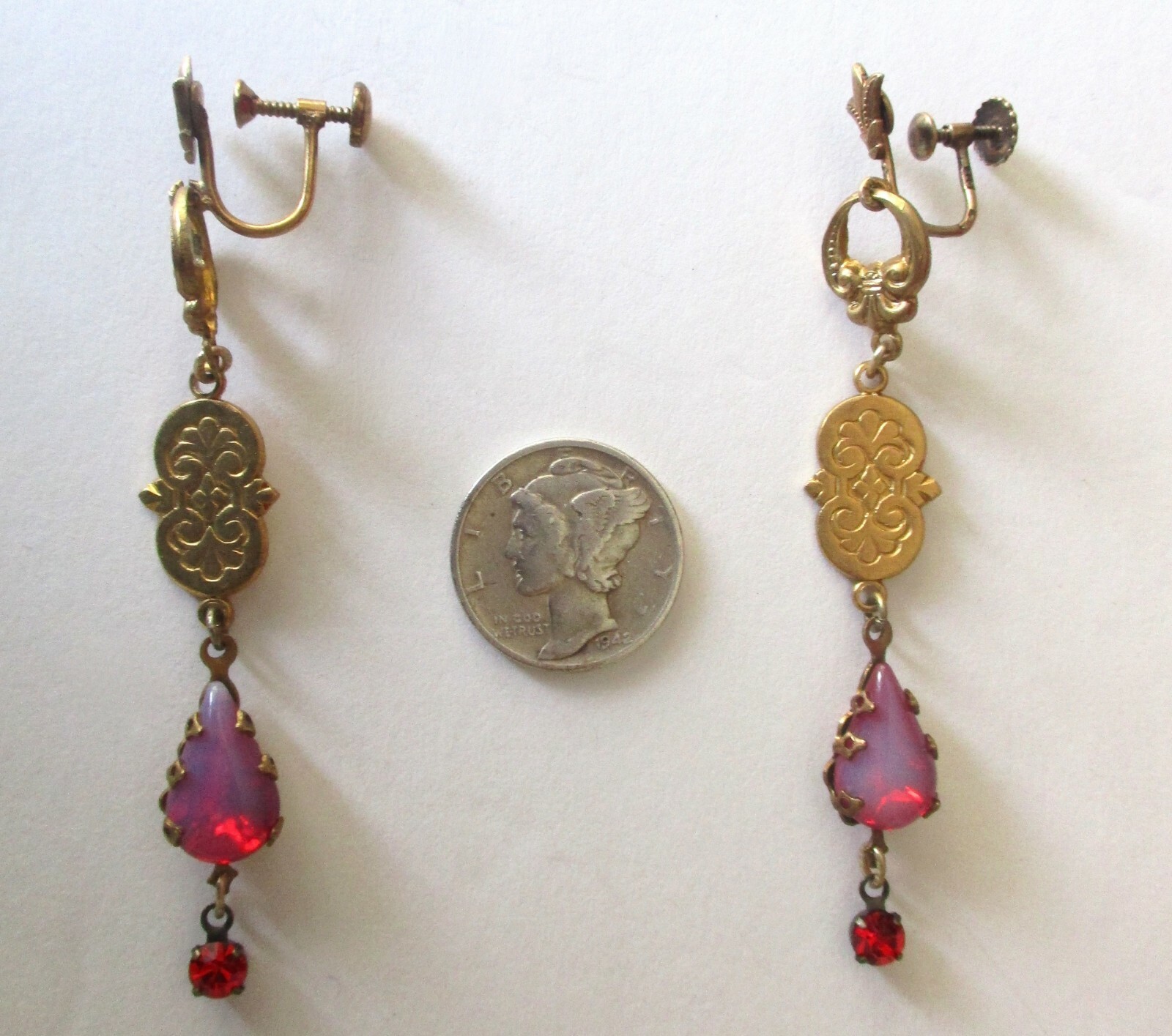 Pair of Antique Brass Screw Back Earrings With Opalescent Red Crystal Stones