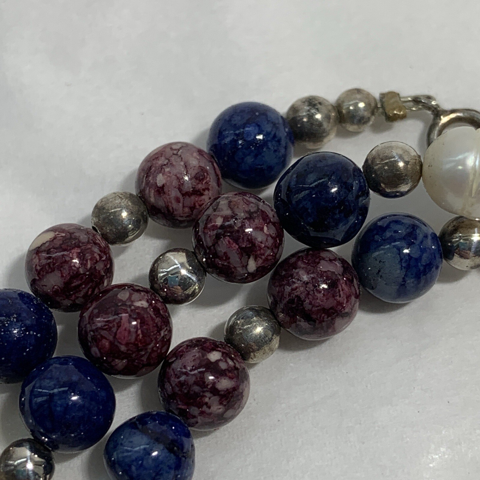 Vintage 925 Sterling Silver Freshwater Pearl Stone Bead Necklace Purple Blue 20″