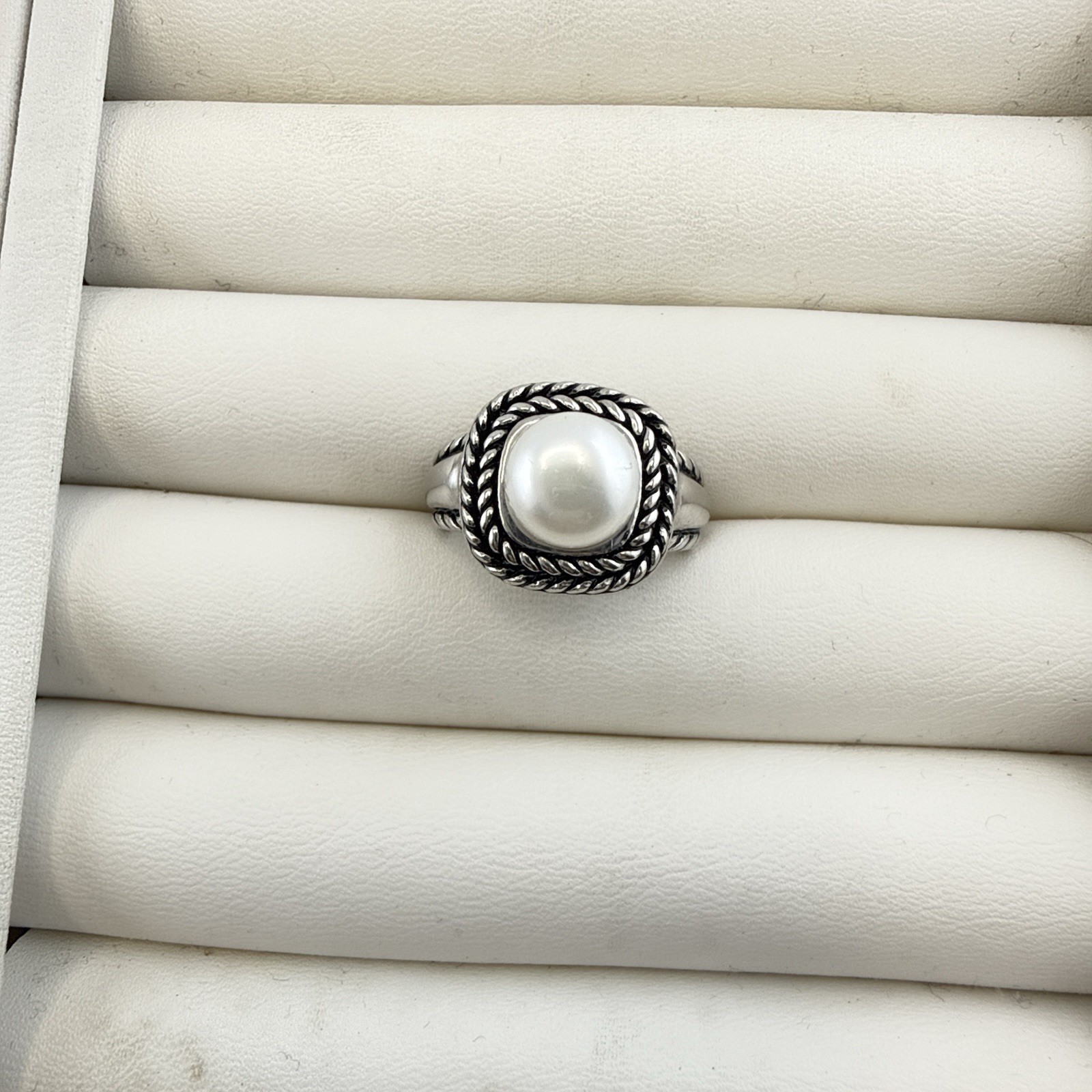 Honora Ring Pearl Sterling Silver Cable Rope 925 size 7 Button White Modern