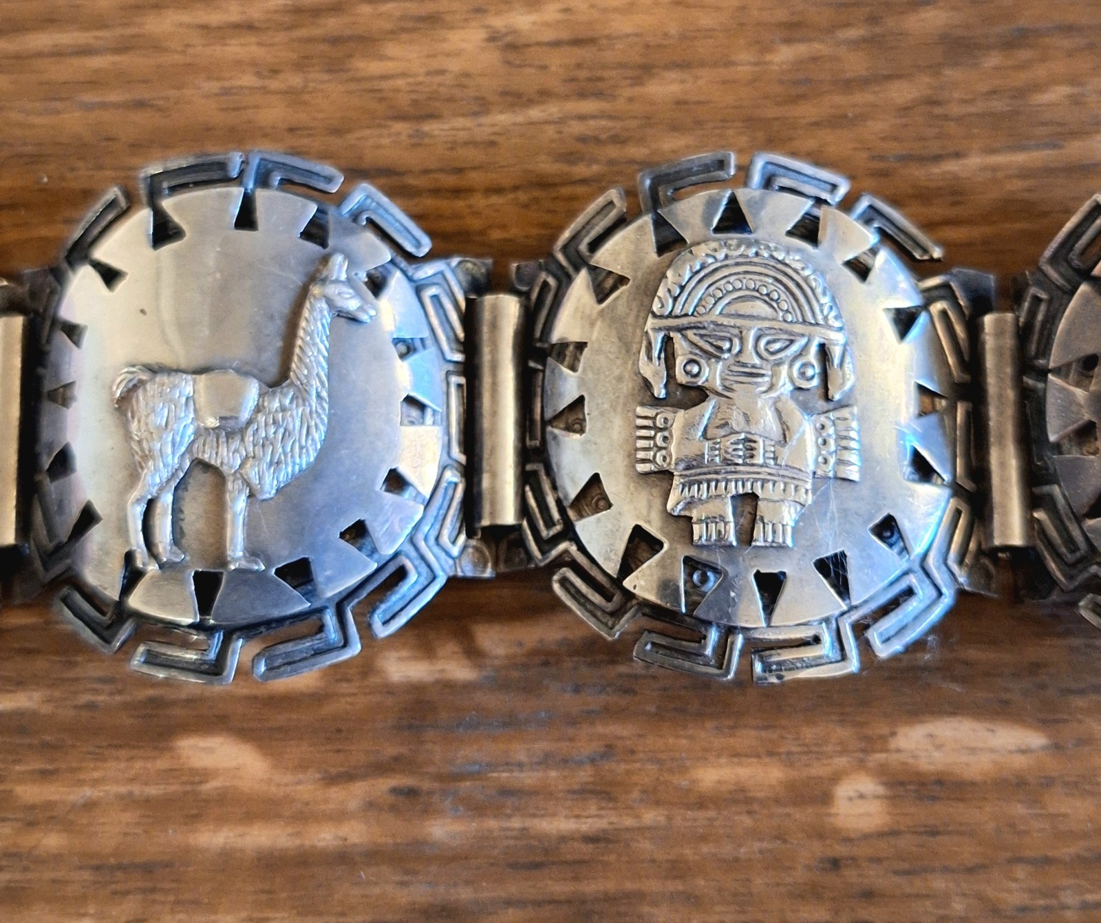 Vintage Estate Peru Sterling Silver Bracelet W/Mayan/Inca Panels! 7.25″ L! 44G!!