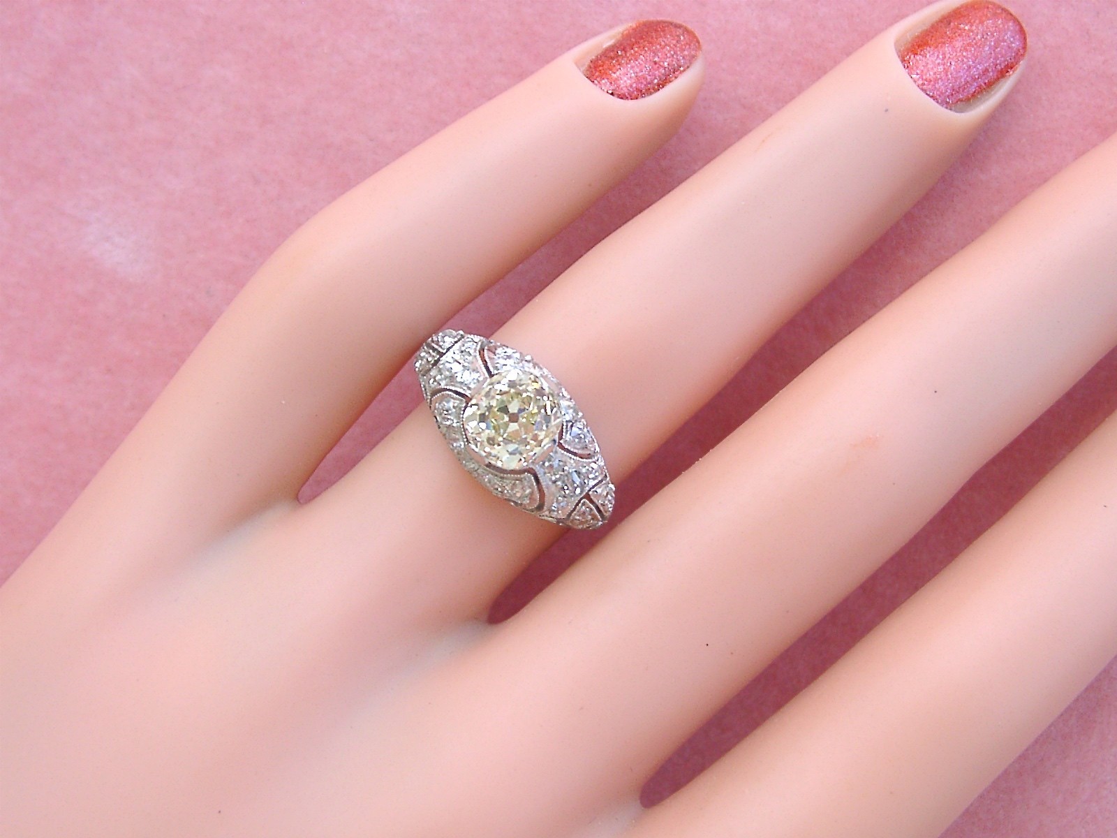 ANTIQUE ART DECO 1.52ct YELLOW EURO DIAMOND PLATINUM ENGAGEMENT RING 1930 sz 6.5