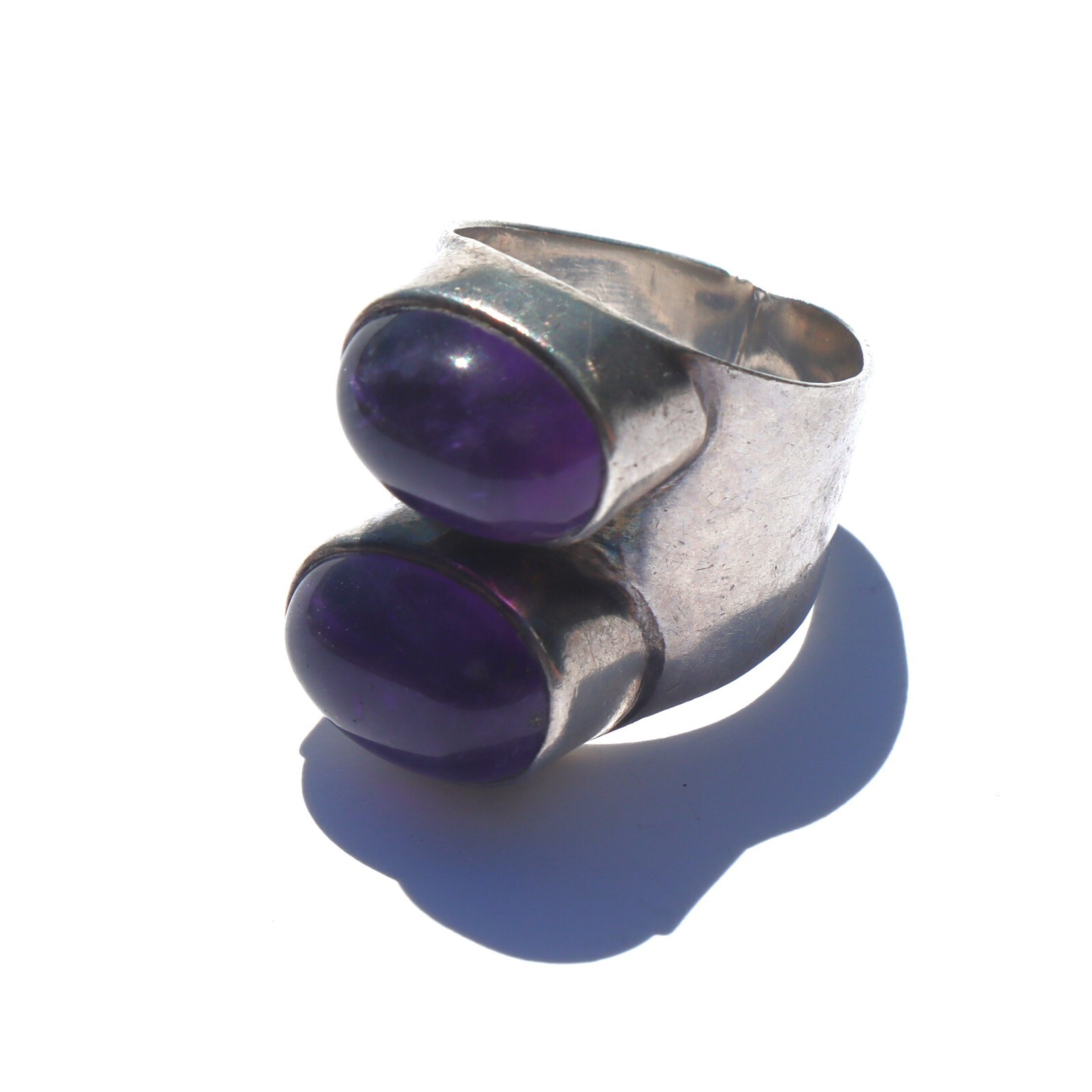 Estate Contemporary Sterling Silver Double Amethyst Statement Right Hand Ring sz