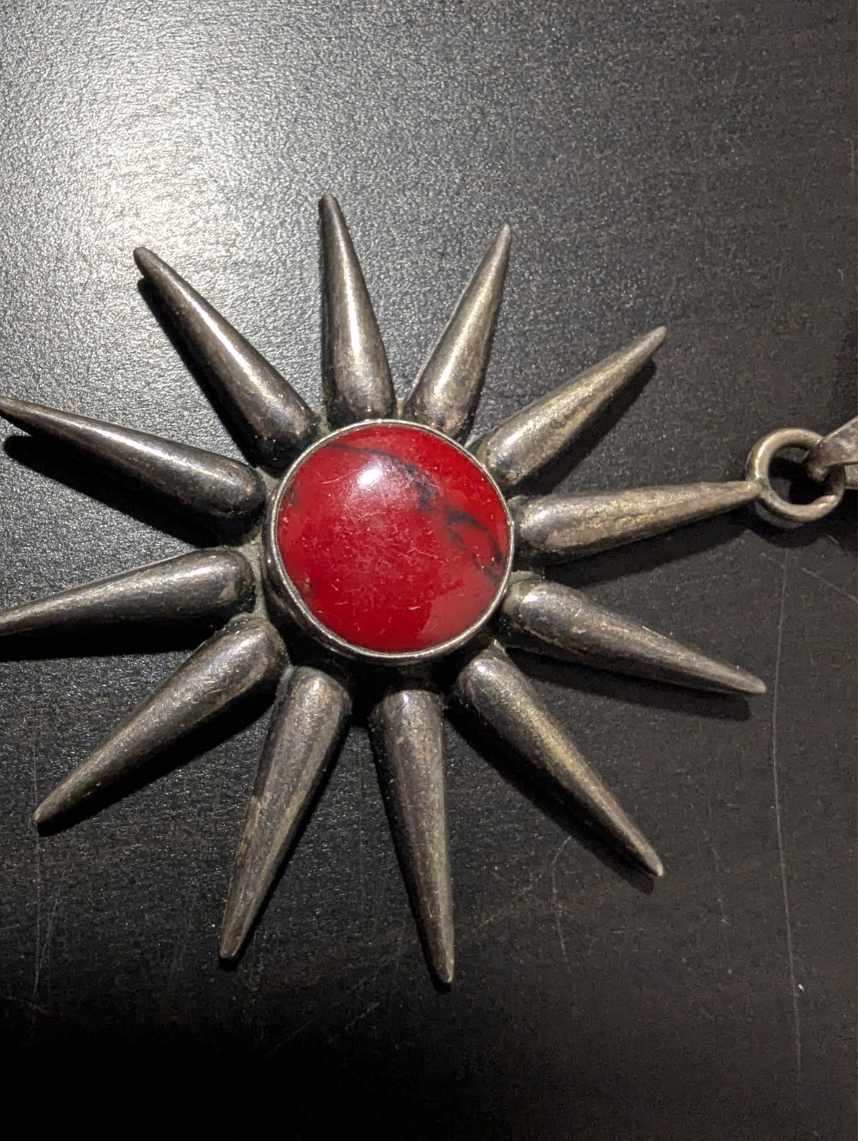 Large Southwestern 925 Sterling Silver Natural Crimson Red Sun Pendant