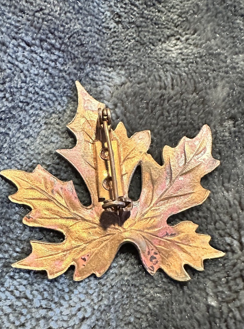 Vintage Enamel on Copper Maple Leaf Brooch Fall Colors Orange Yellow