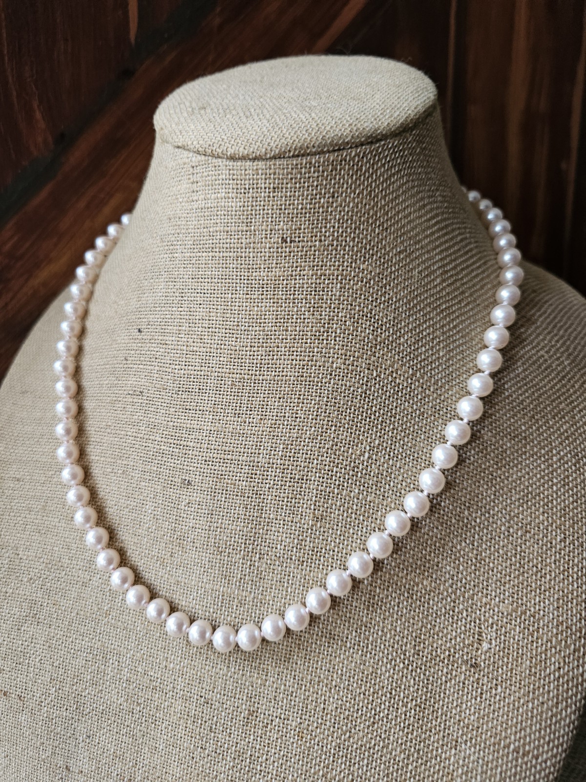 Vtg Sarah Cov Signed Knotted Faux Pearl Pink Necklace Fish Hook Clasp 8mm 22″