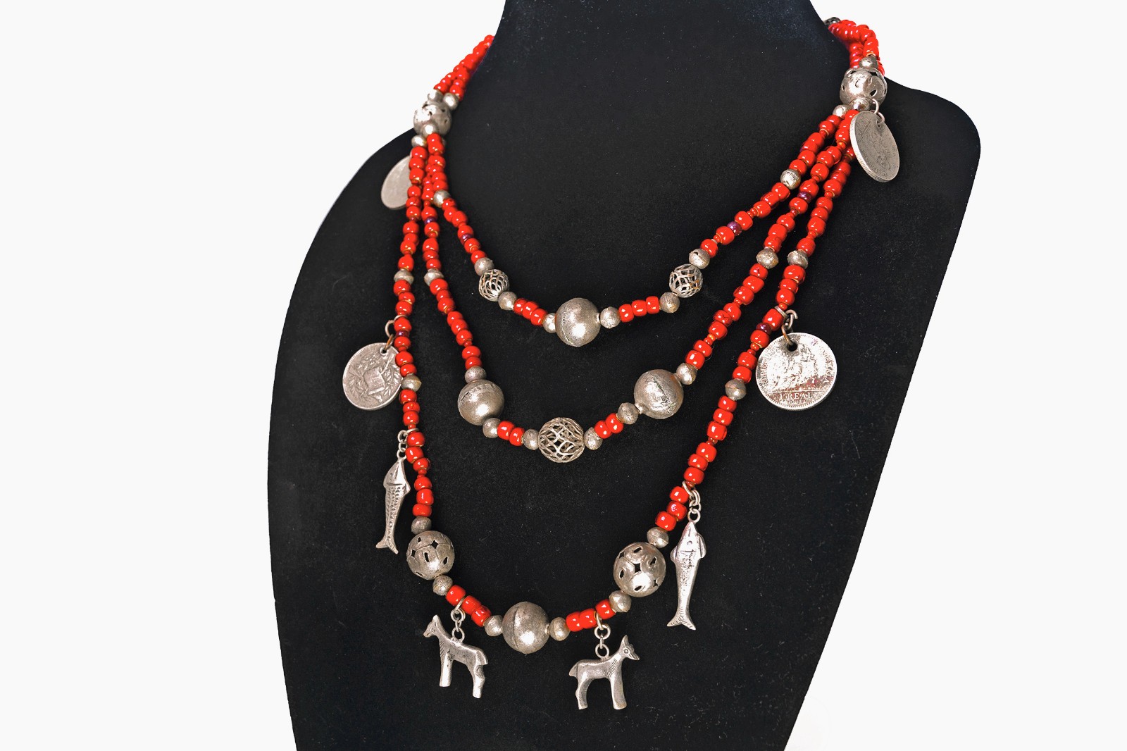 VTG Chachal Necklace w/ White Heart Beads, Guatemalan Coins, & Milagros Charms