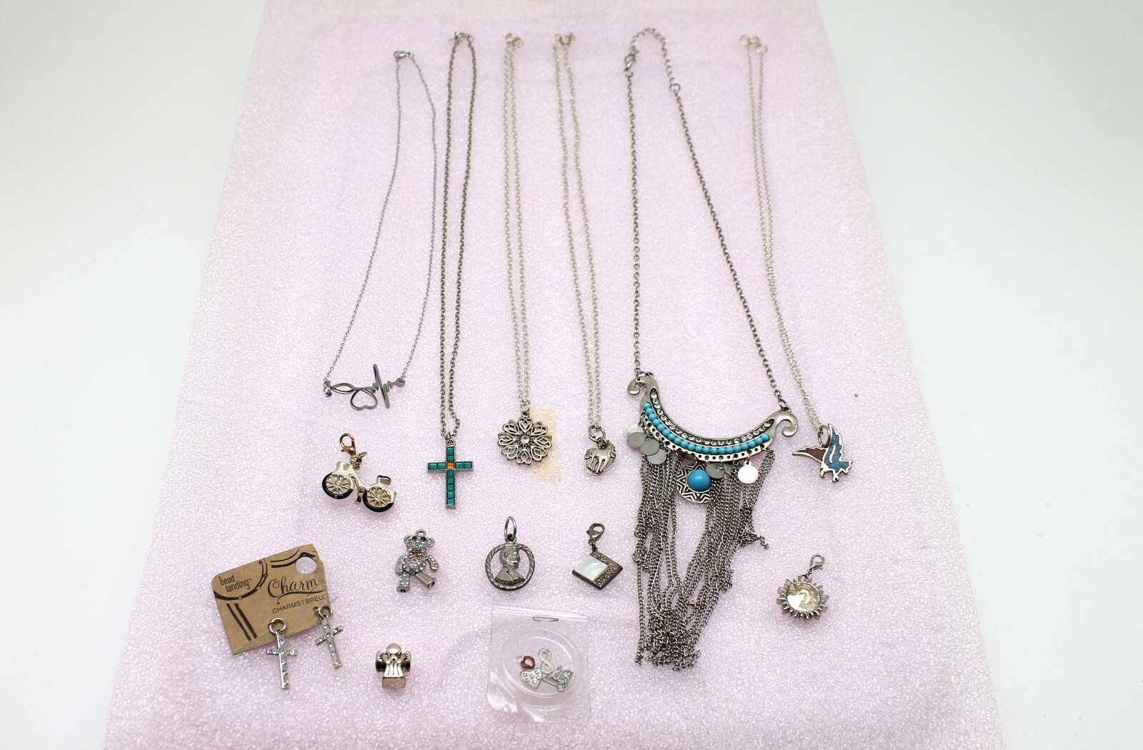 Lot Of 14 Different Size Necklaces Chains Silver Tone Pendants Earrings