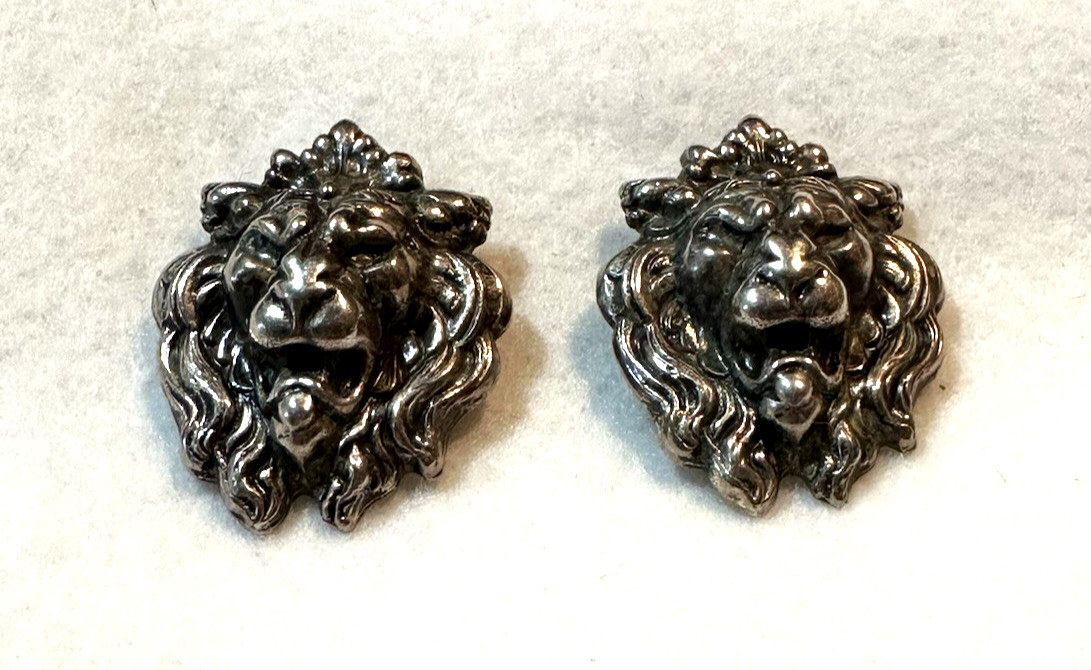 Vintage Sterling Silver Lion Head Clip Earrings About 1 1/4″ Tall & 11.1 grams