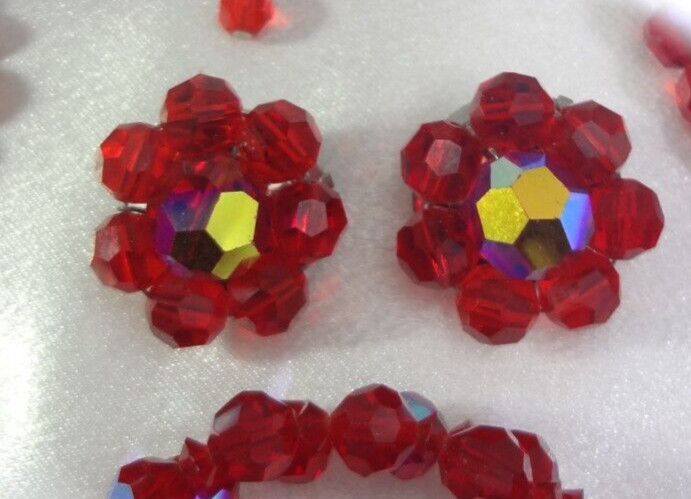 Vtg C: Late 1950’s AB Red Faceted Glass 2 Strand Necklace Bracelet Earrings Set!